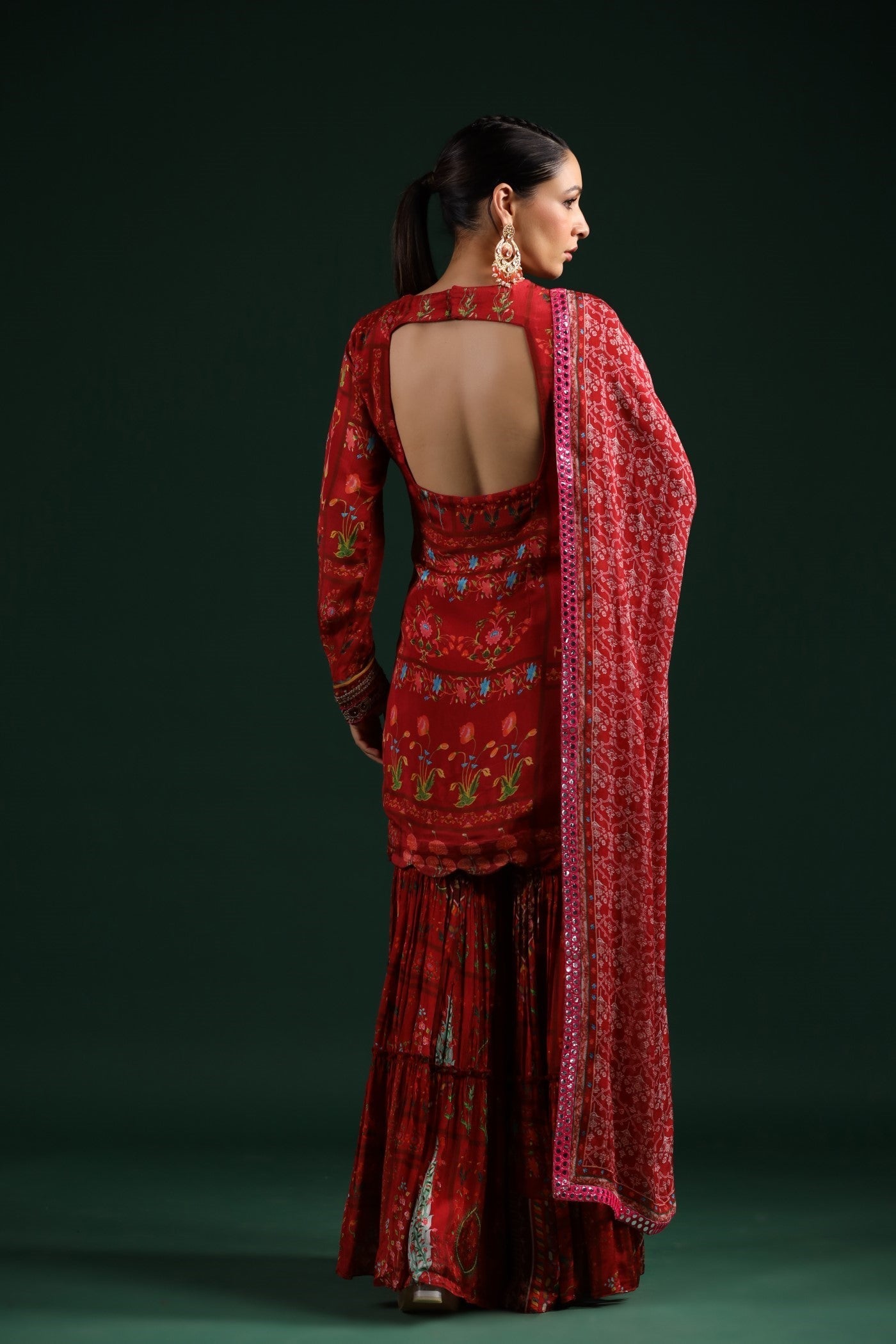 Ruby Red Wrinkled Chinon Printed Sharara Set