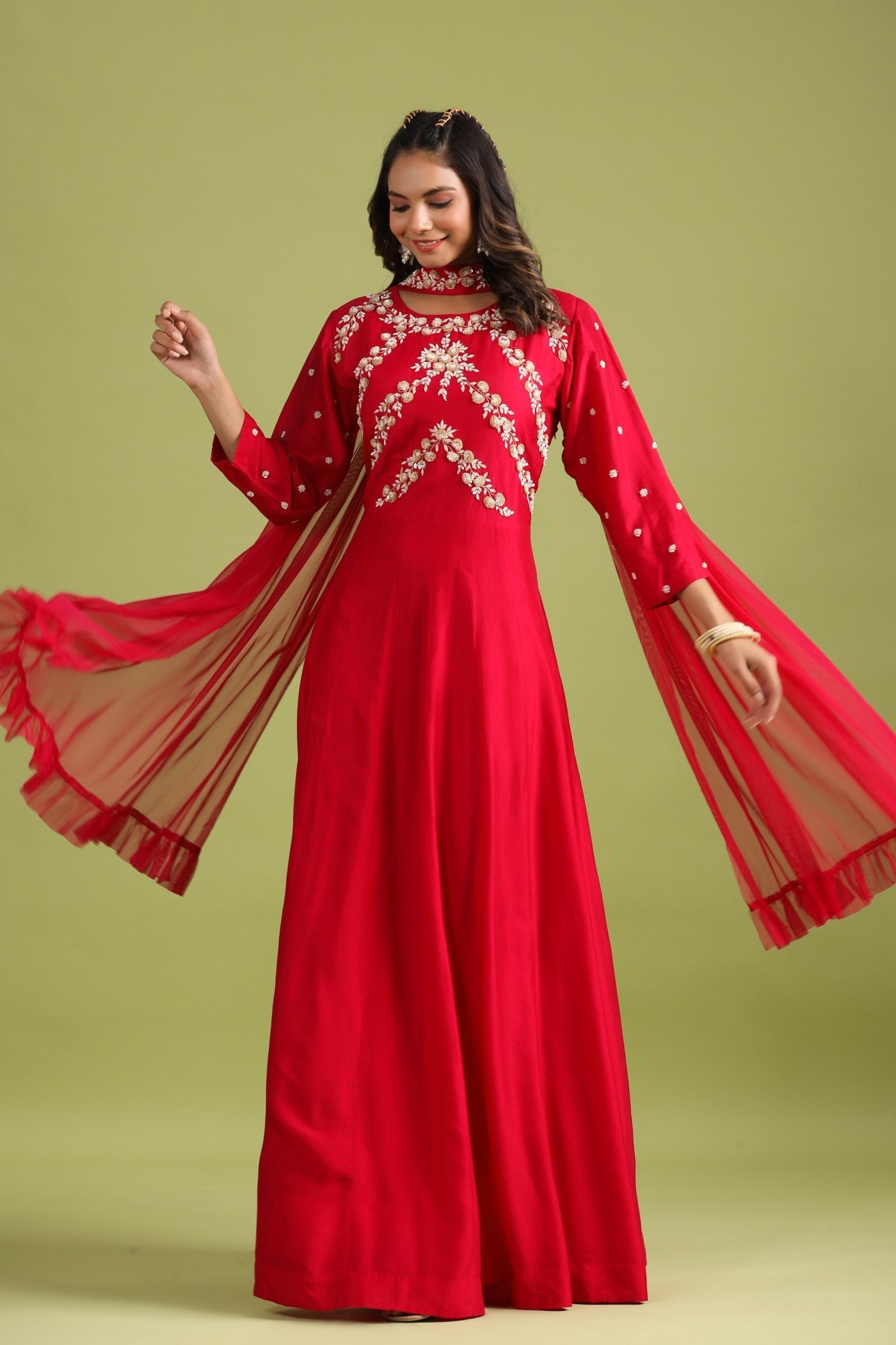 Red Embellished Anarkali Set