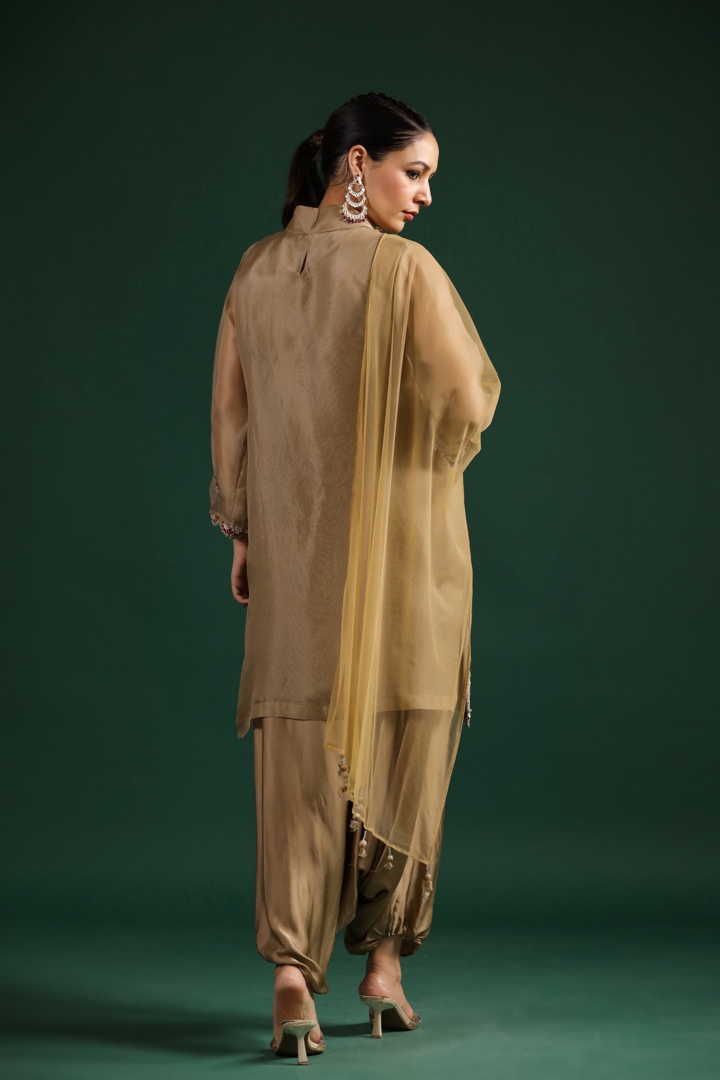 Golden Beige Embellished Cowl Pants Set