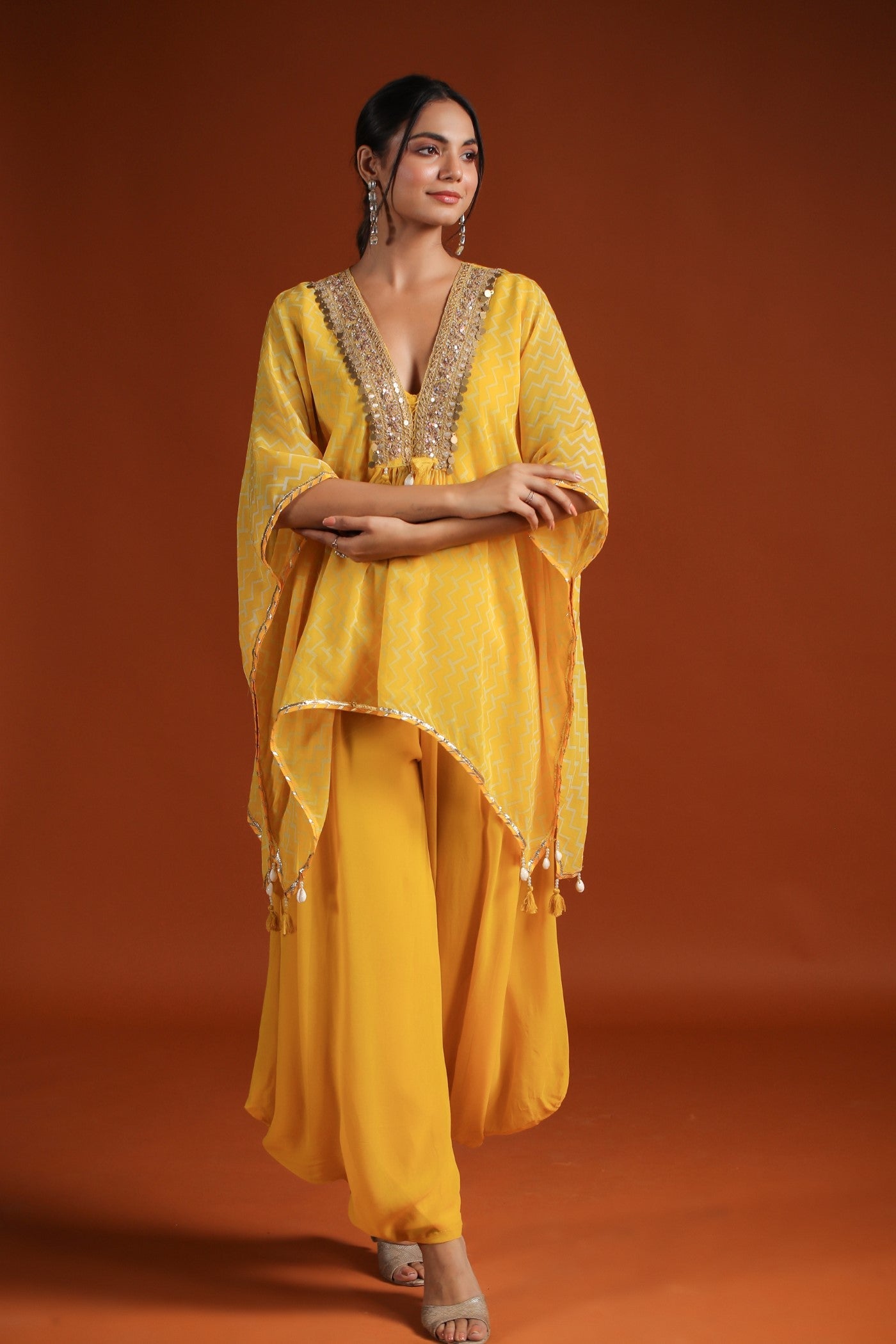 Yellow Chevron Organza Silk Kaftan with Palazzo