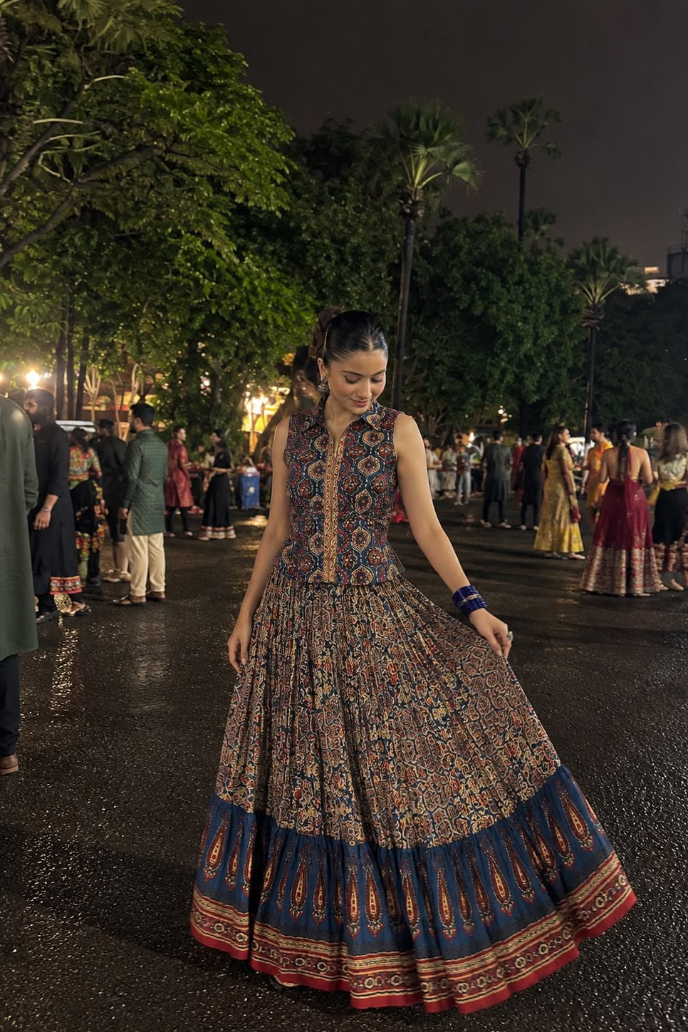 Indigo Blue & Red Ajrakh Printed Mul Cotton Skirt Set