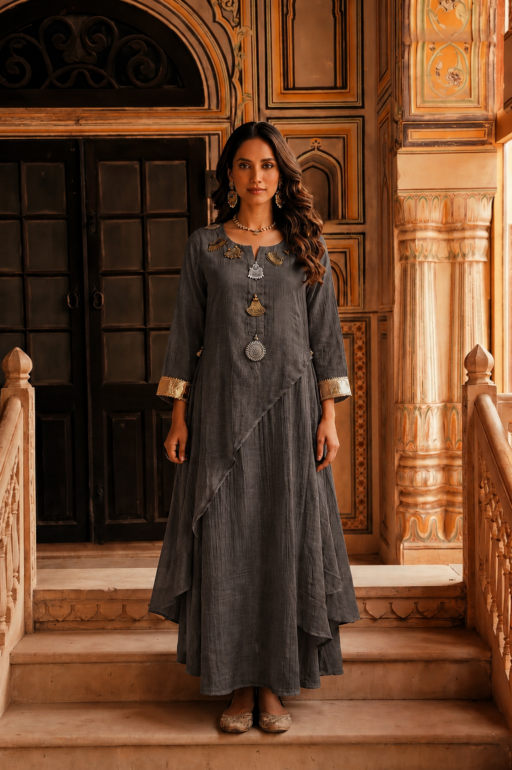 Slate Grey Embellished Mul Cotton Dress