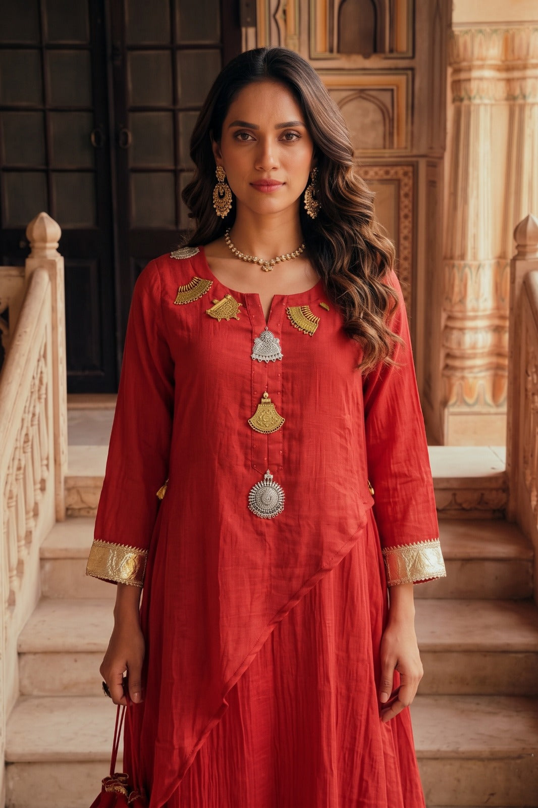 Red Rust Embellished Mul Cotton Dress