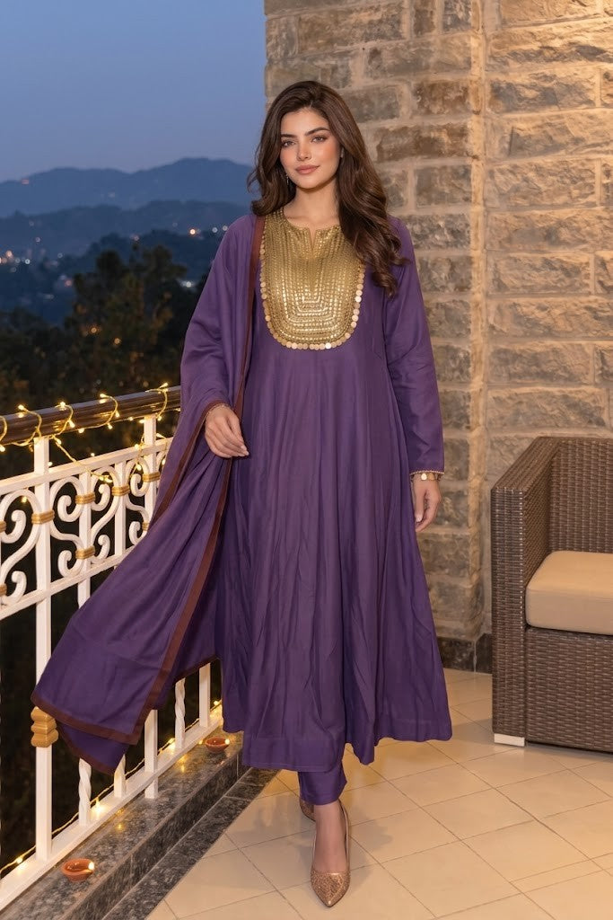Deep Purple Embellished Crepe Silk Anarkali Set