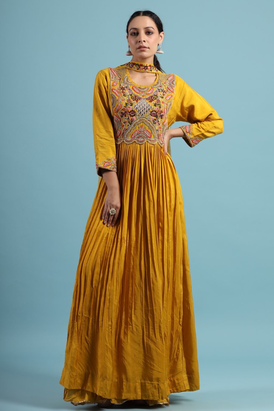 Mustard Kashmiri Silk Embroidered Anarkali with Dupatta