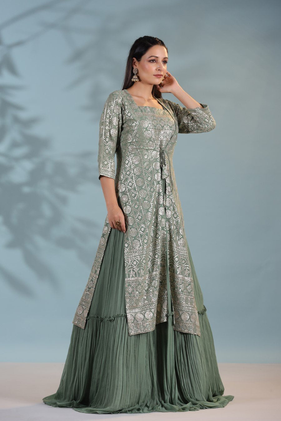 Dusky Green Sequin Embellished Gown with Cape