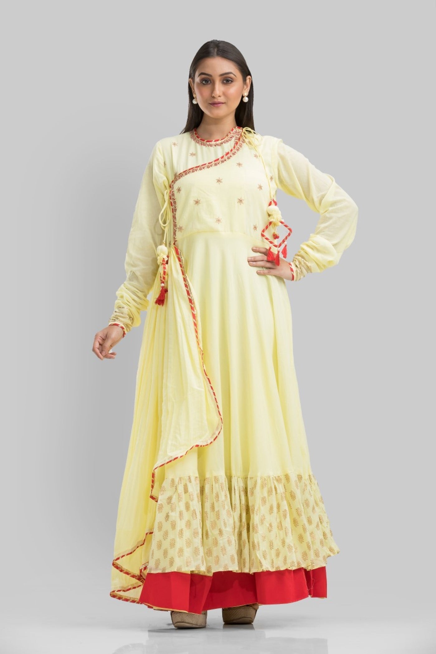 Pastel Yellow Ethnic Cotton Silk Anarkali Dress