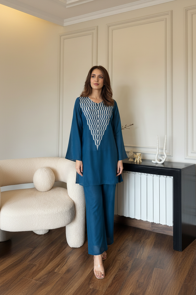Teal Blue Embroidered Muslin Silk Co-Ord Set