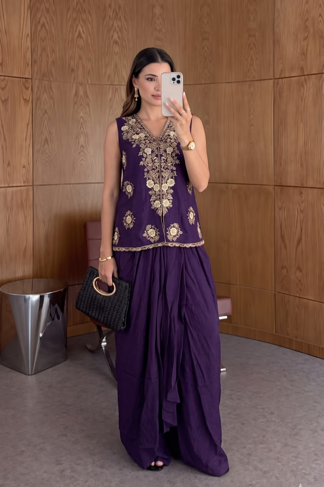 Dark Purple Embellished Satin Silk Skirt Set