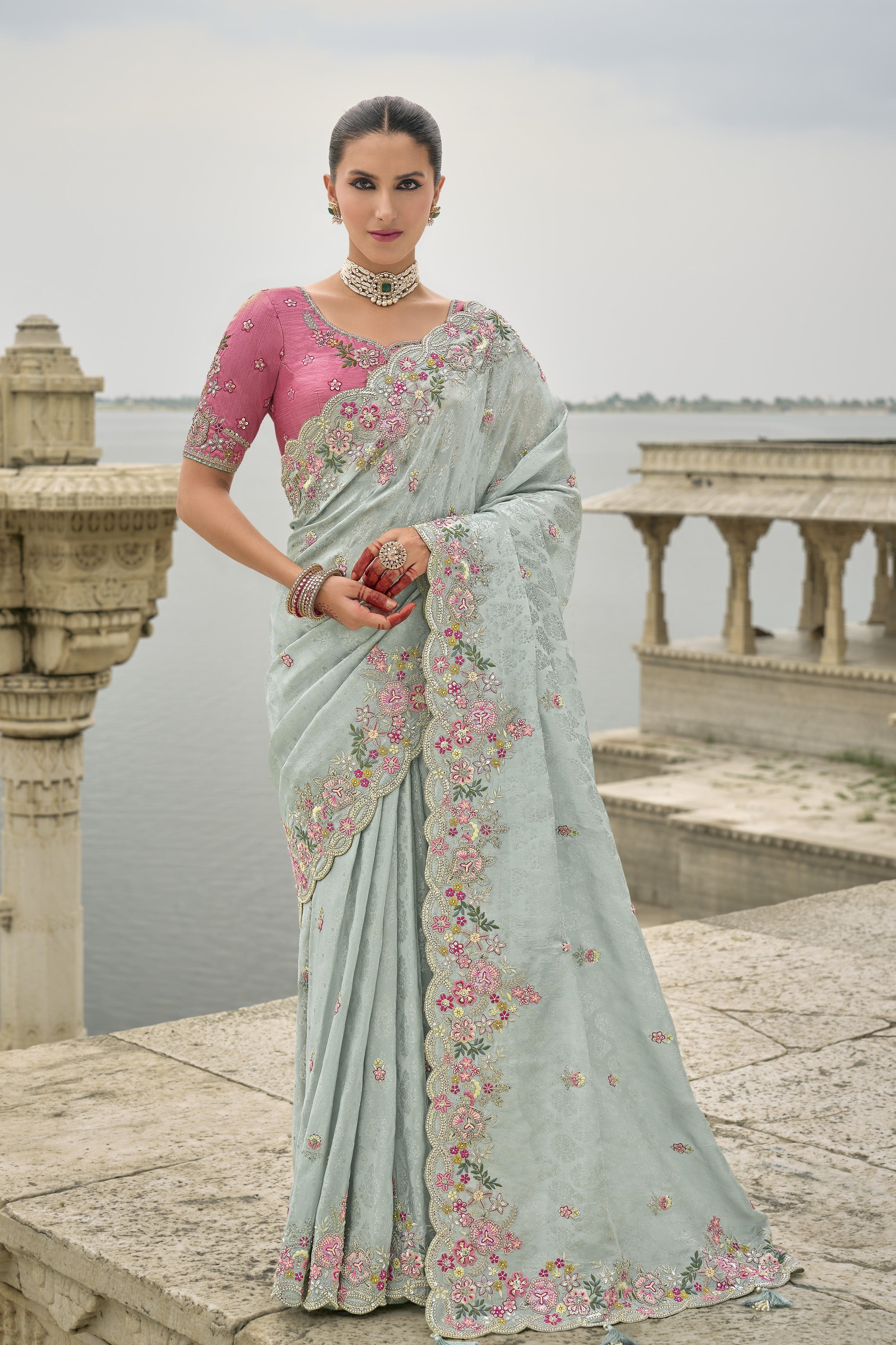 Pastel Blue Embroidered Pure Silk Saree