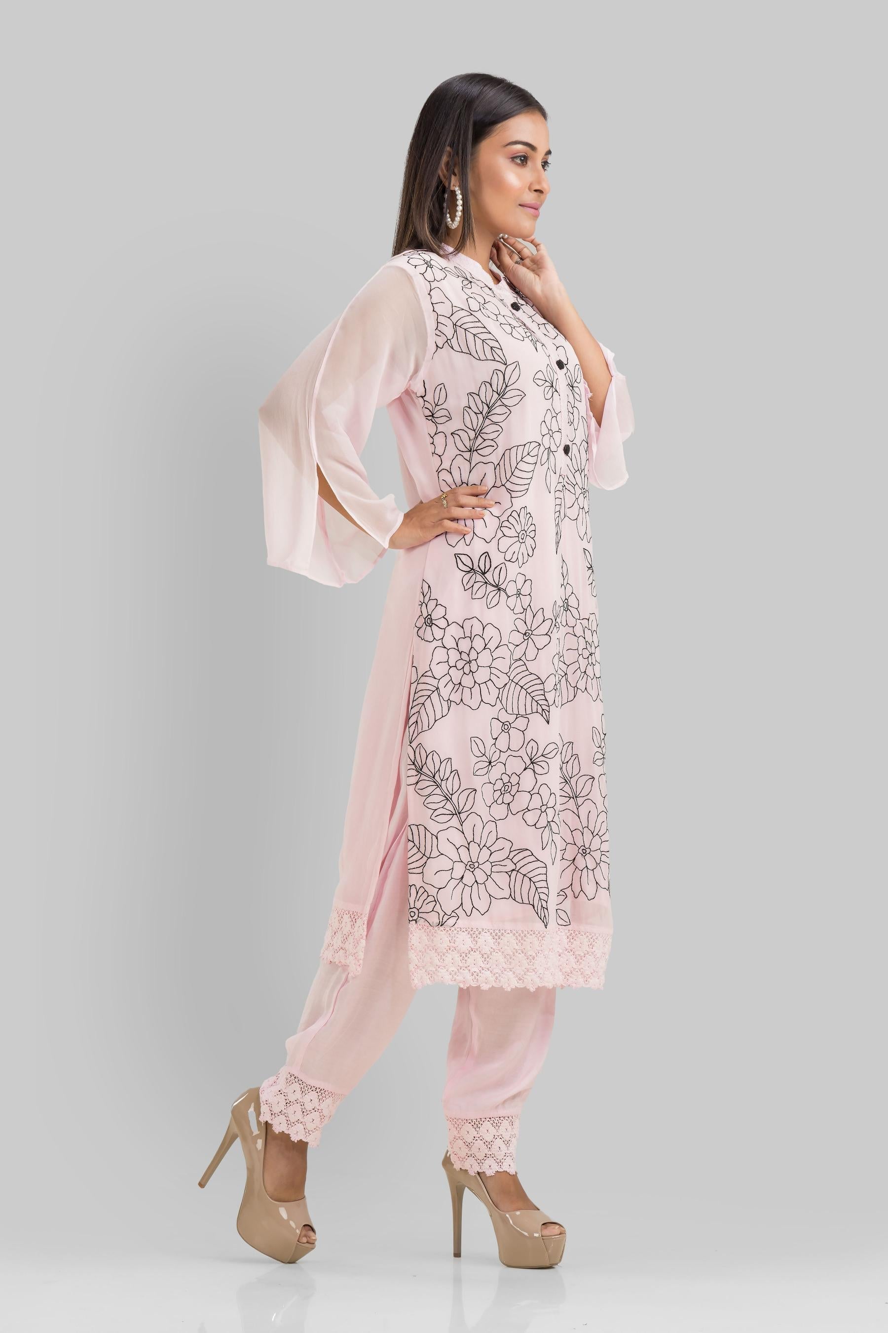 Pastel Pink Embroidered Crystal Georgette Silk Pants Set