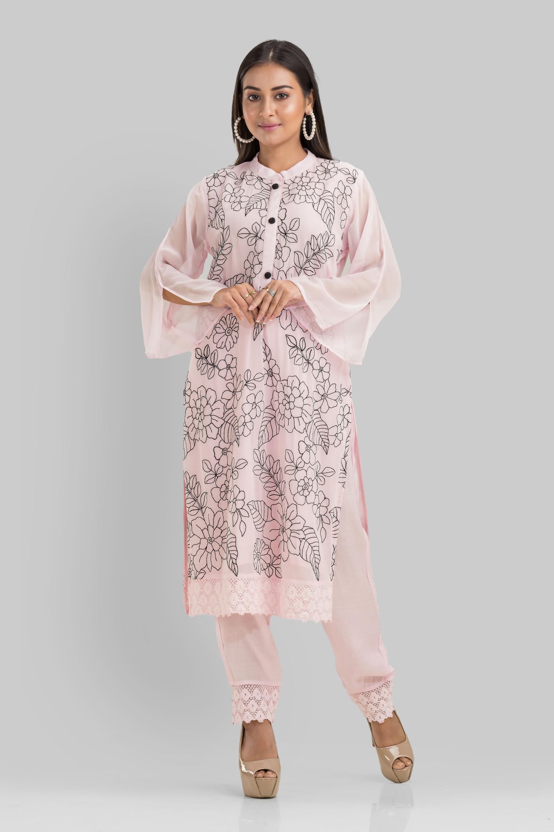 Pastel Pink Embroidered Crystal Georgette Silk Pants Set