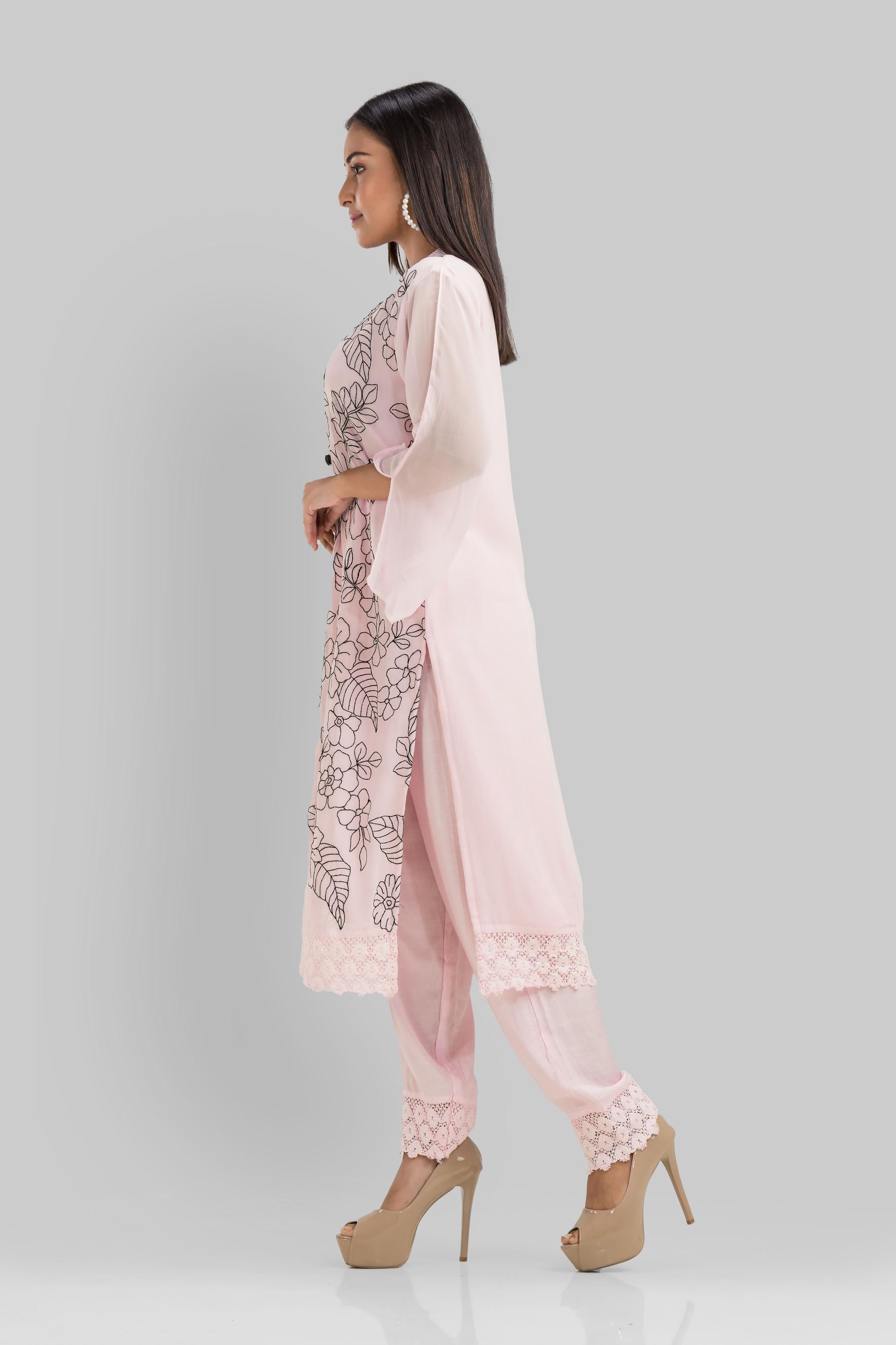 Pastel Pink Embroidered Crystal Georgette Silk Pants Set