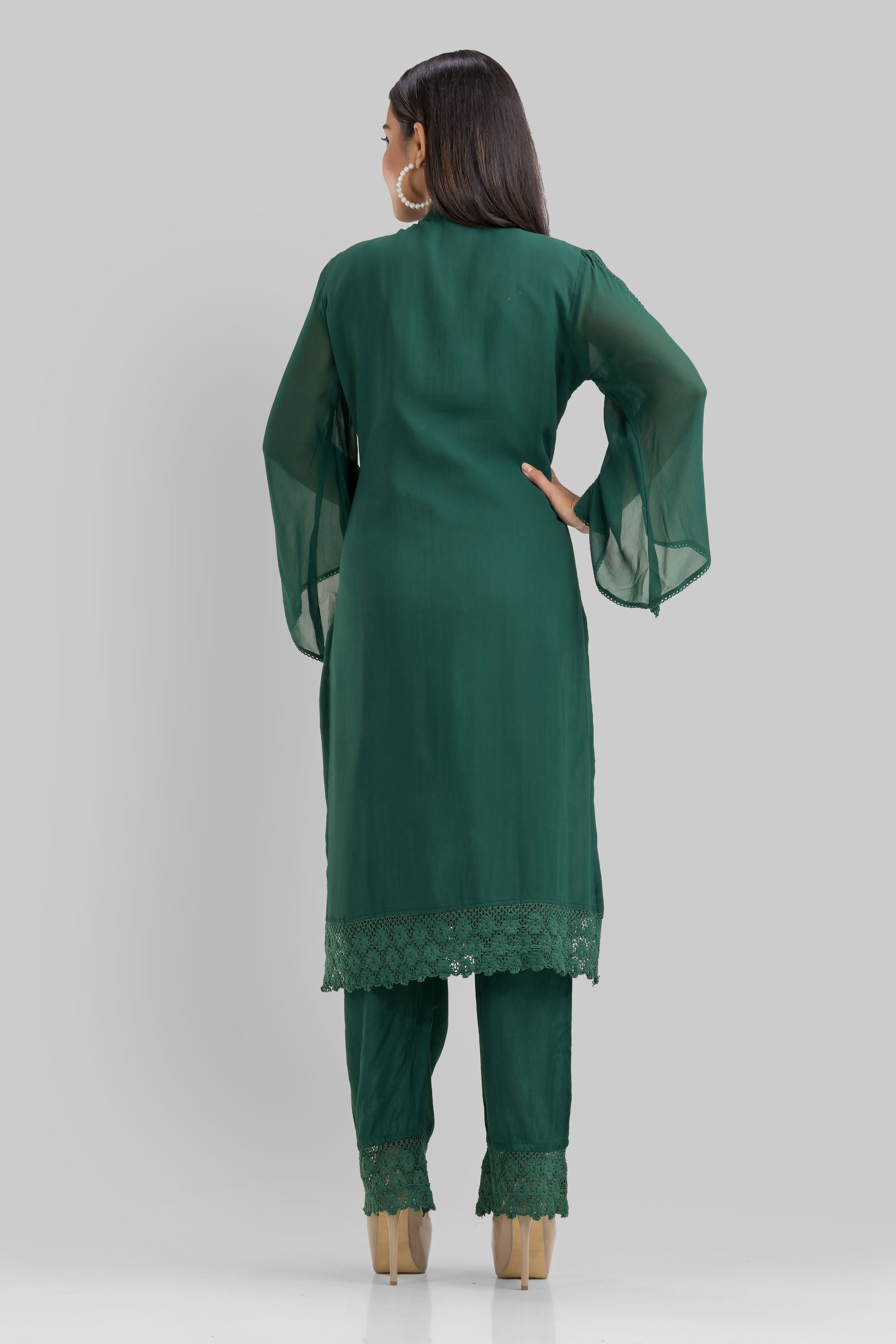 Bottle Green Embroidered Georgette Silk Kurta Set