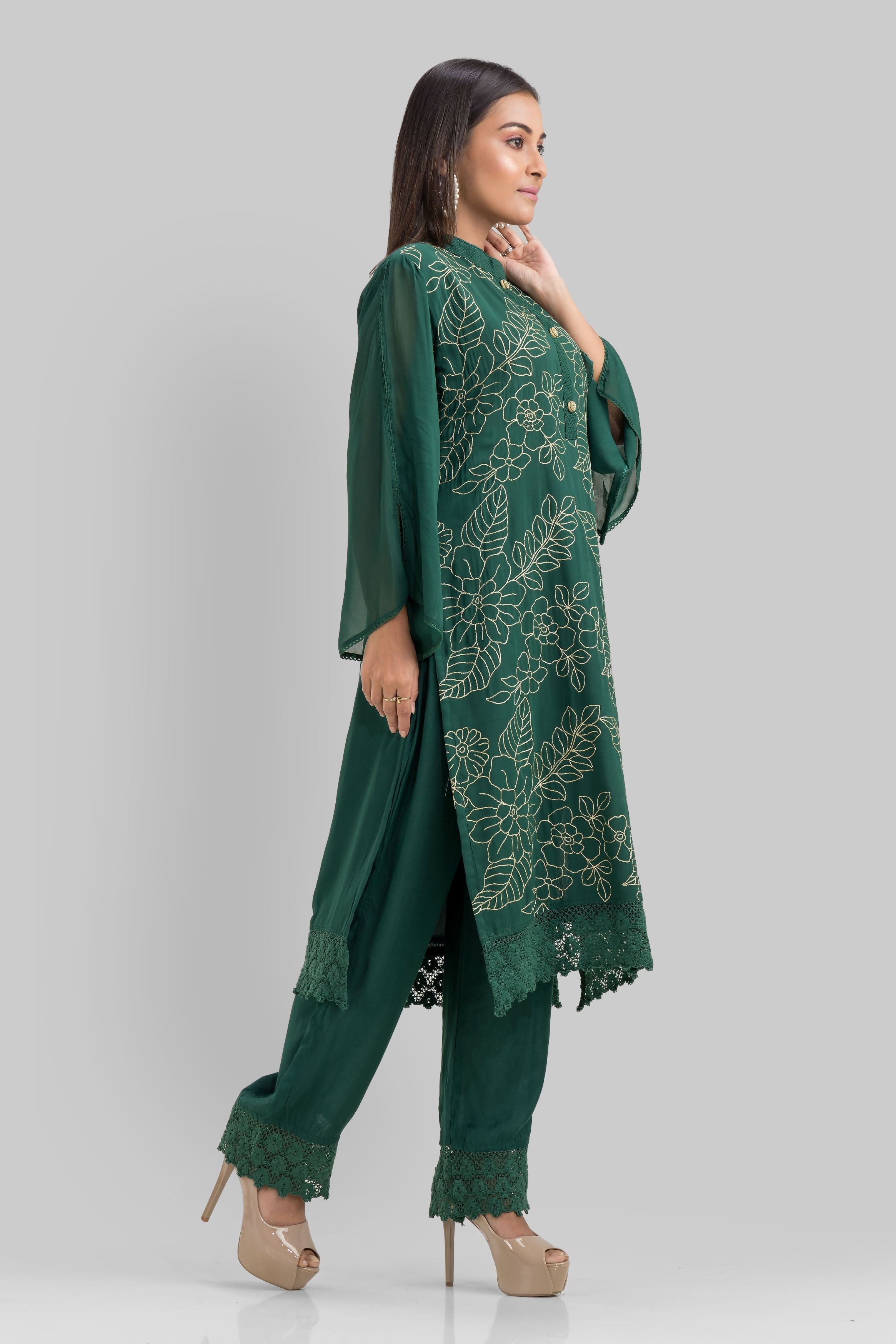 Bottle Green Embroidered Georgette Silk Kurta Set