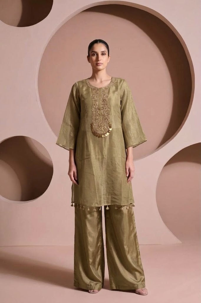 Champagne Sage Green Embellished Tissue Silk Co-Ord Set