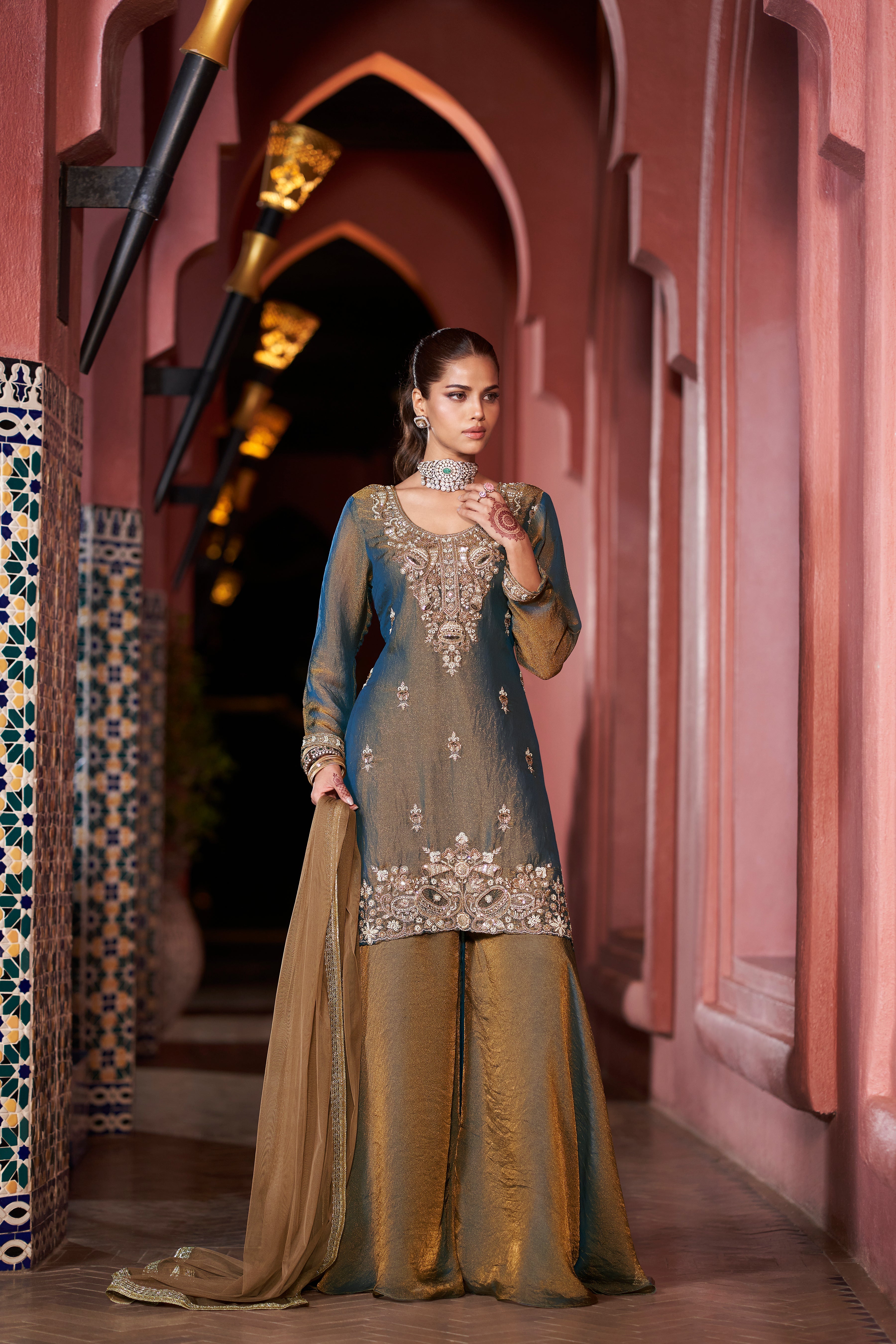 Oxidized Bronze Embellished Shimmer Tissue Silk Palazzo Set