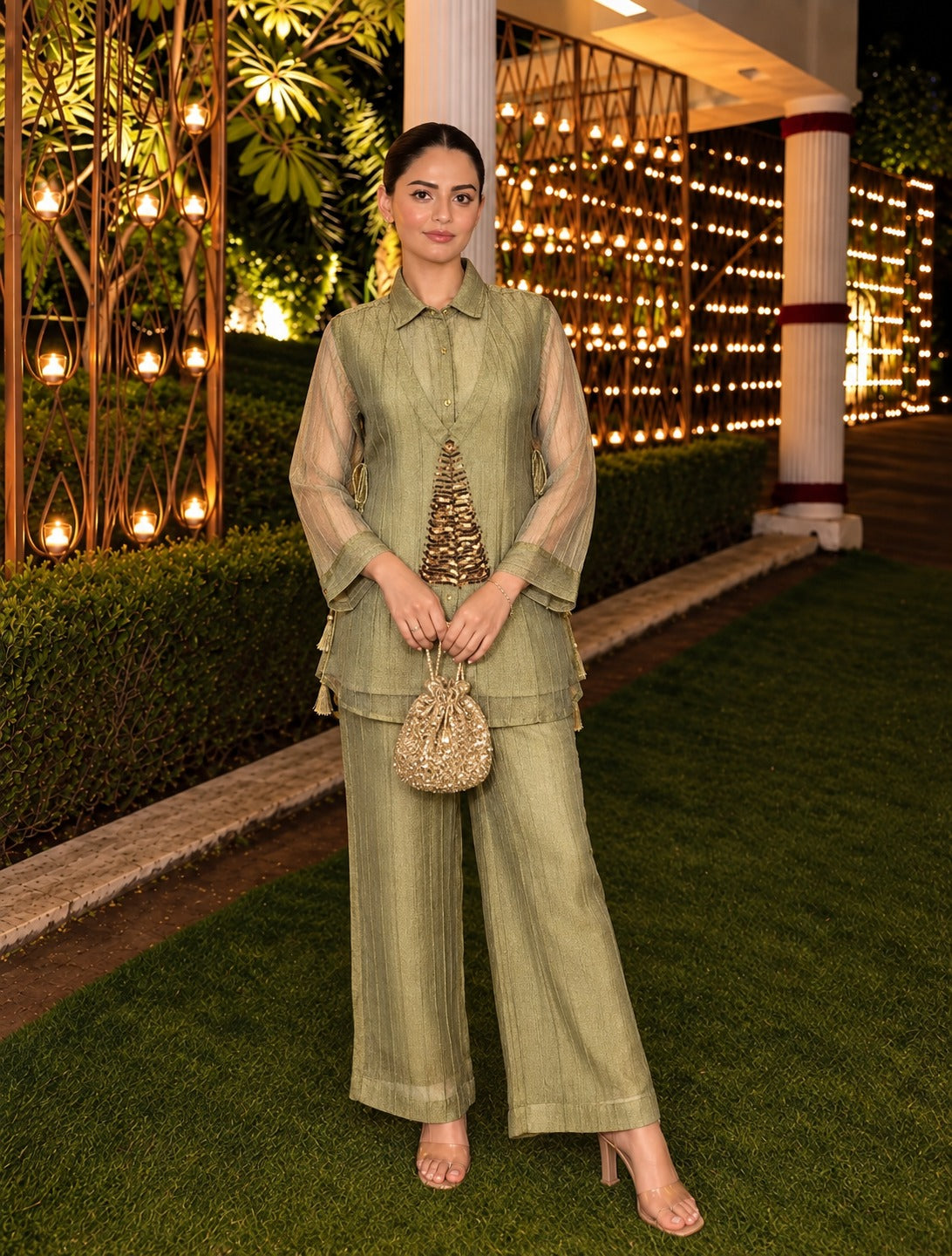 Light Green Embellished Shimmer Tissue Silk Co-Ord Set