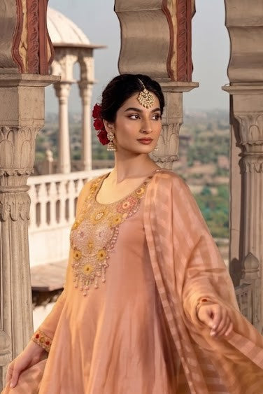 Peach Gold Embellished Shimmer Silk Palazzo Set
