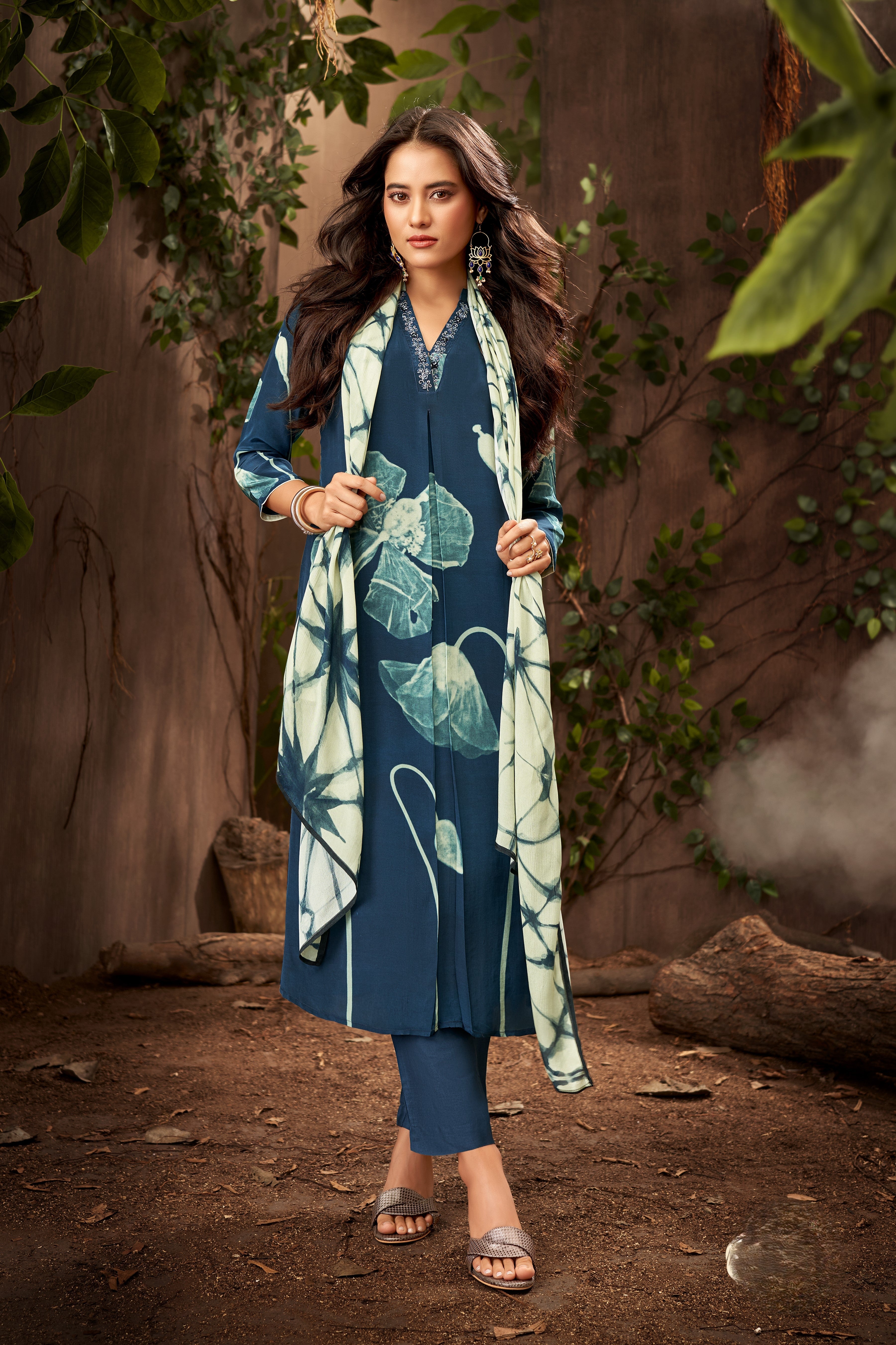 Deep Navy Printed Crepe Silk Pant Set