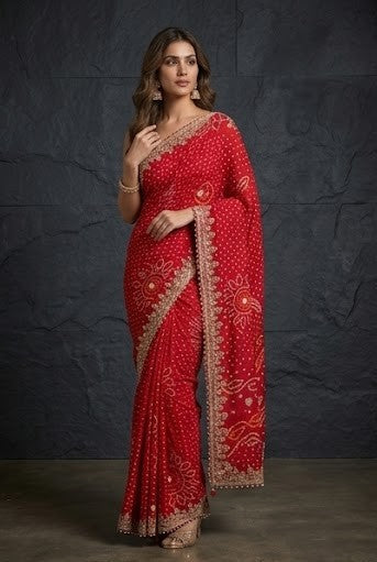 Crimson Bandhej Embellished Georgette Saree