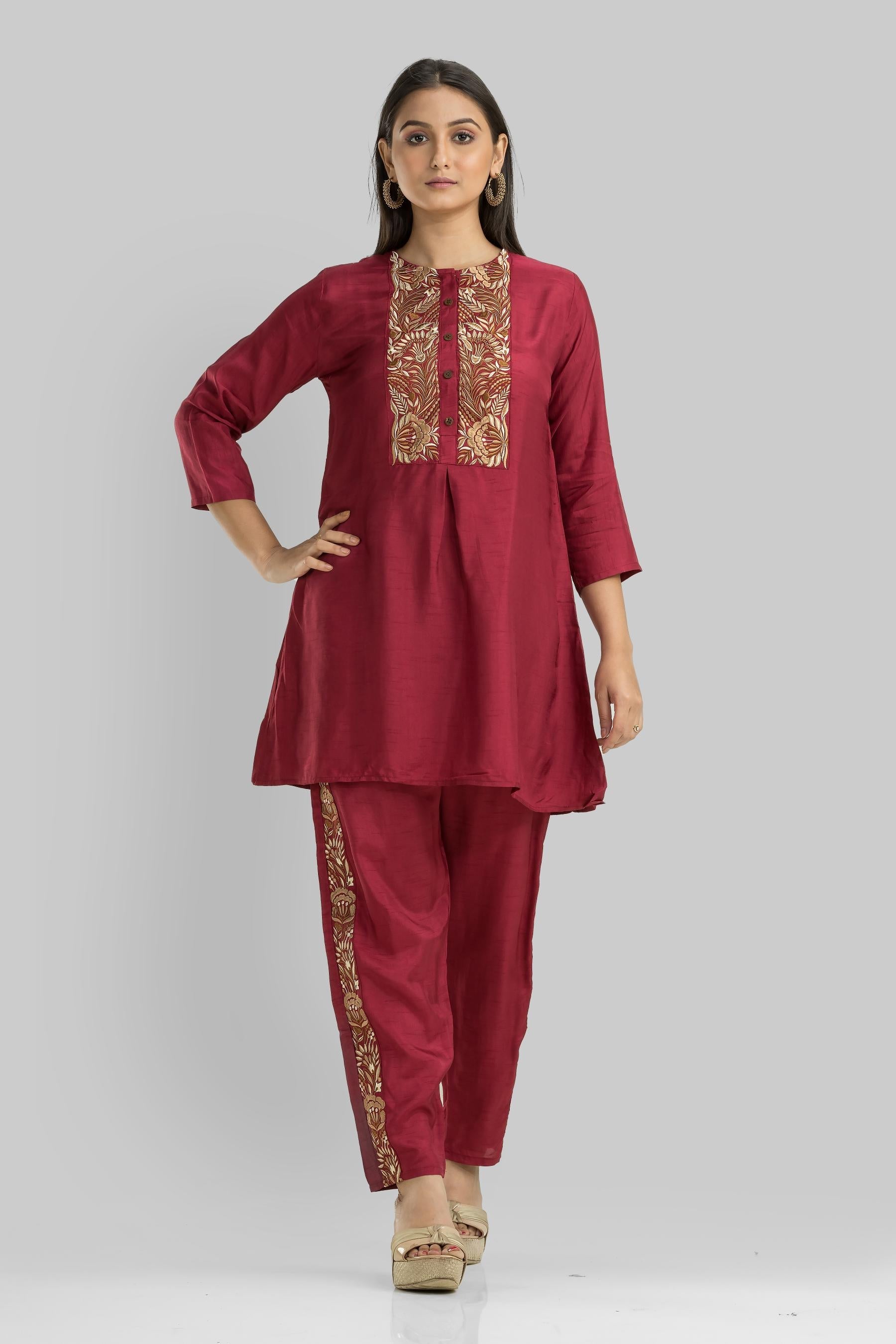 Maroon Embroidered Raw Silk Co-Ord Set