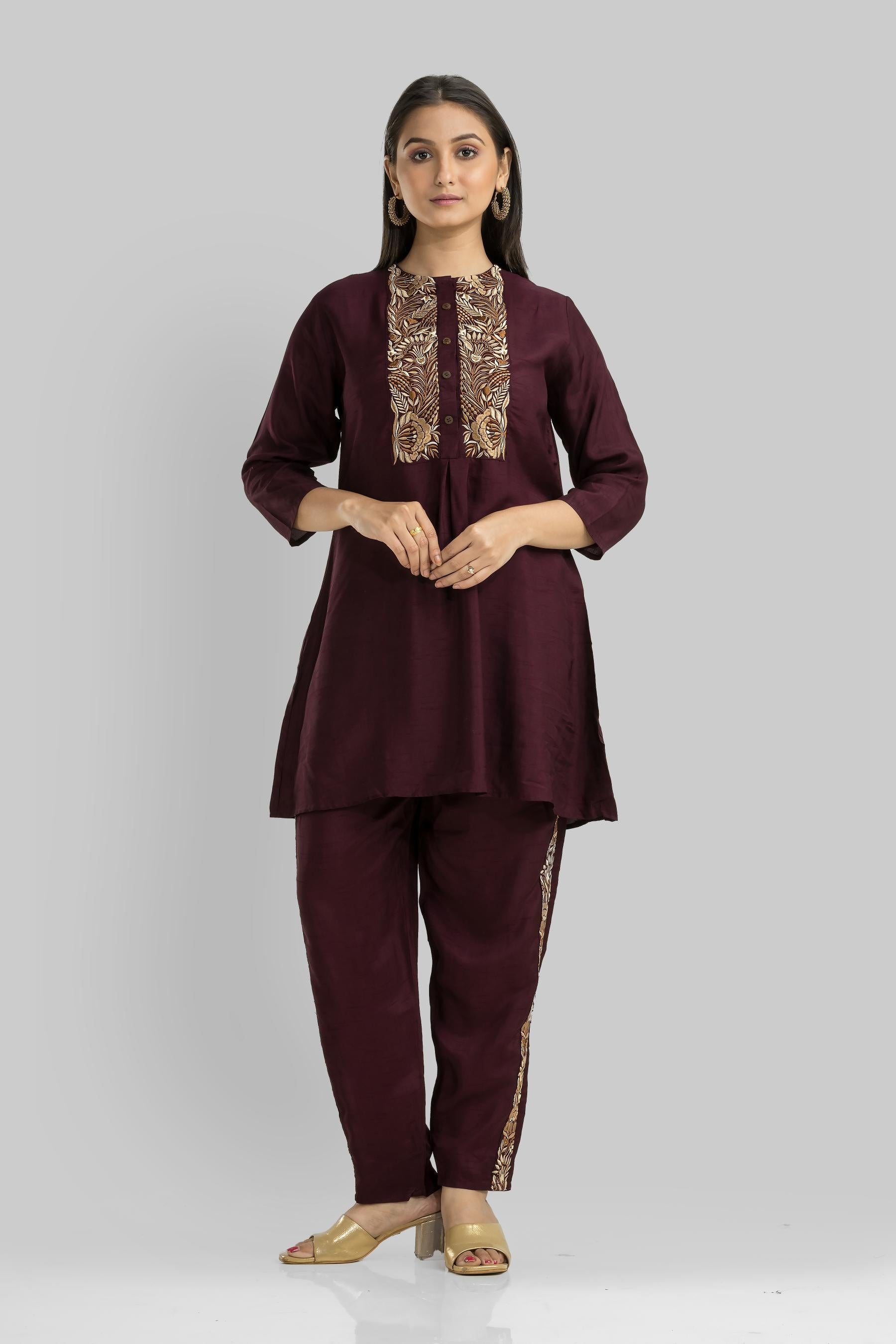Deep Wine Embroidered Raw Silk Co-Ord Set