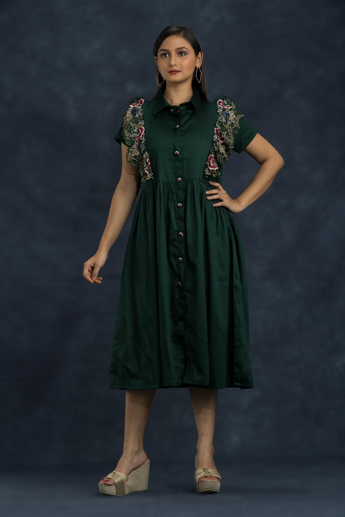 Deep Green Floral Embroidered Modal Satin Dress