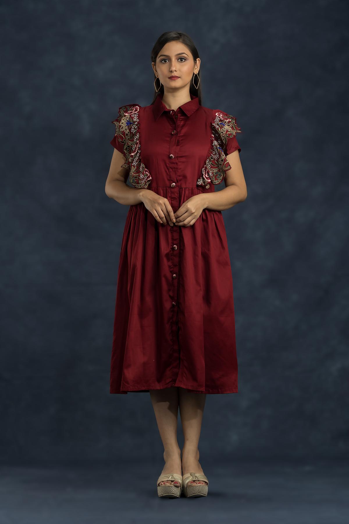 Deep Red Floral Embroidered Modal Satin Dress