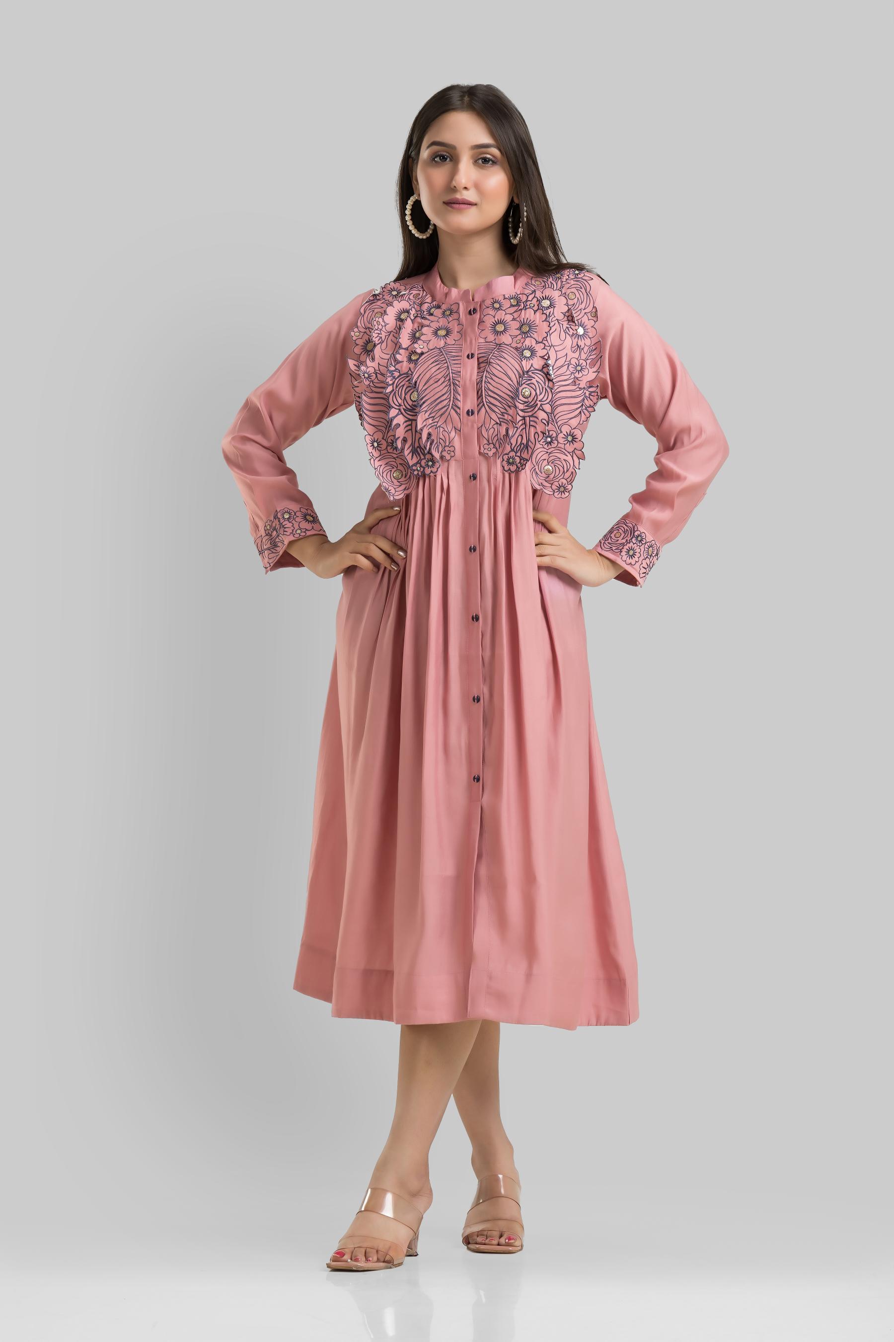 Rose Pink Embroidered Chanderi Silk Dress