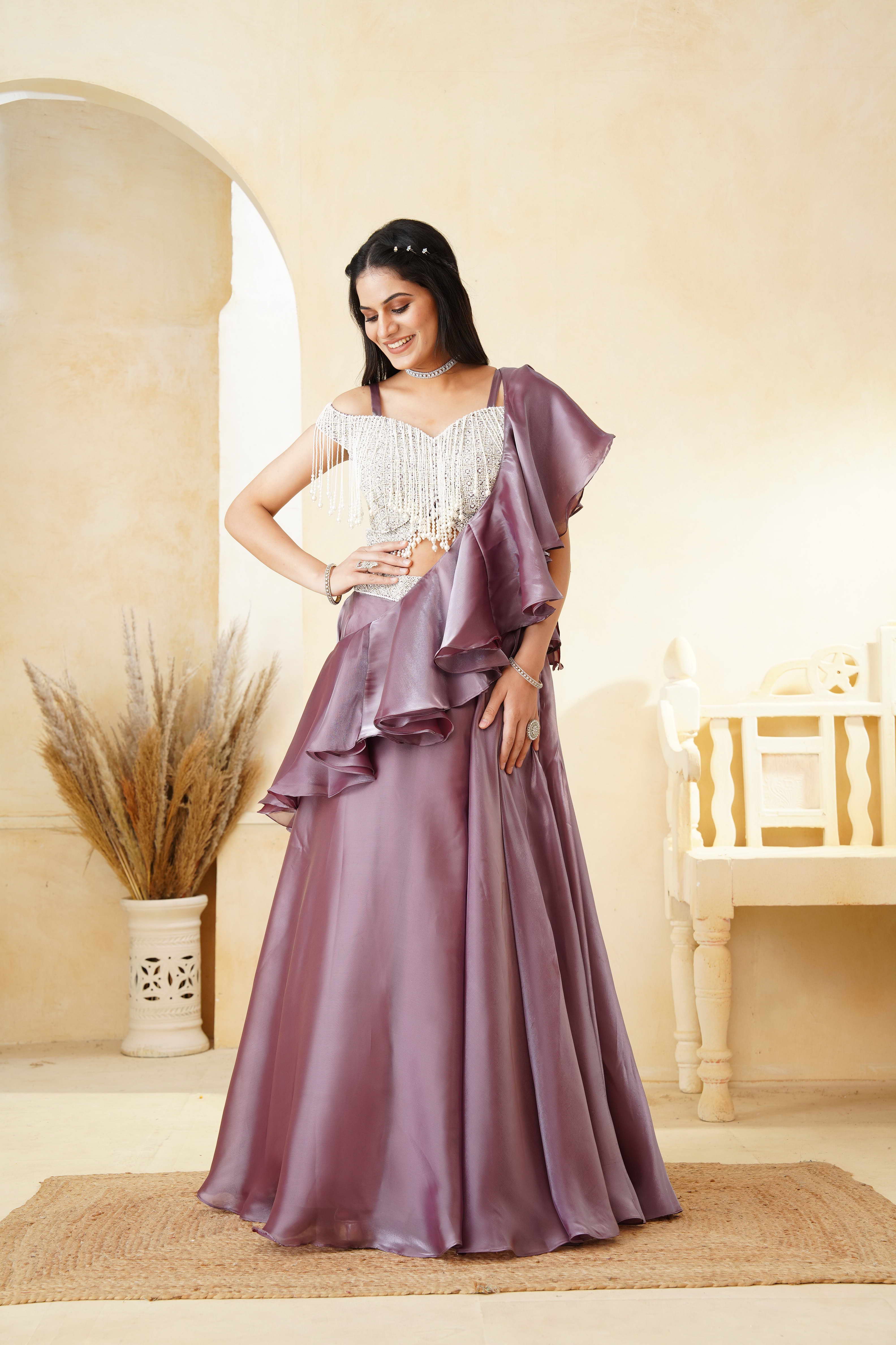 Dusky Rose Embellished Satin Silk Drape Skirt Set