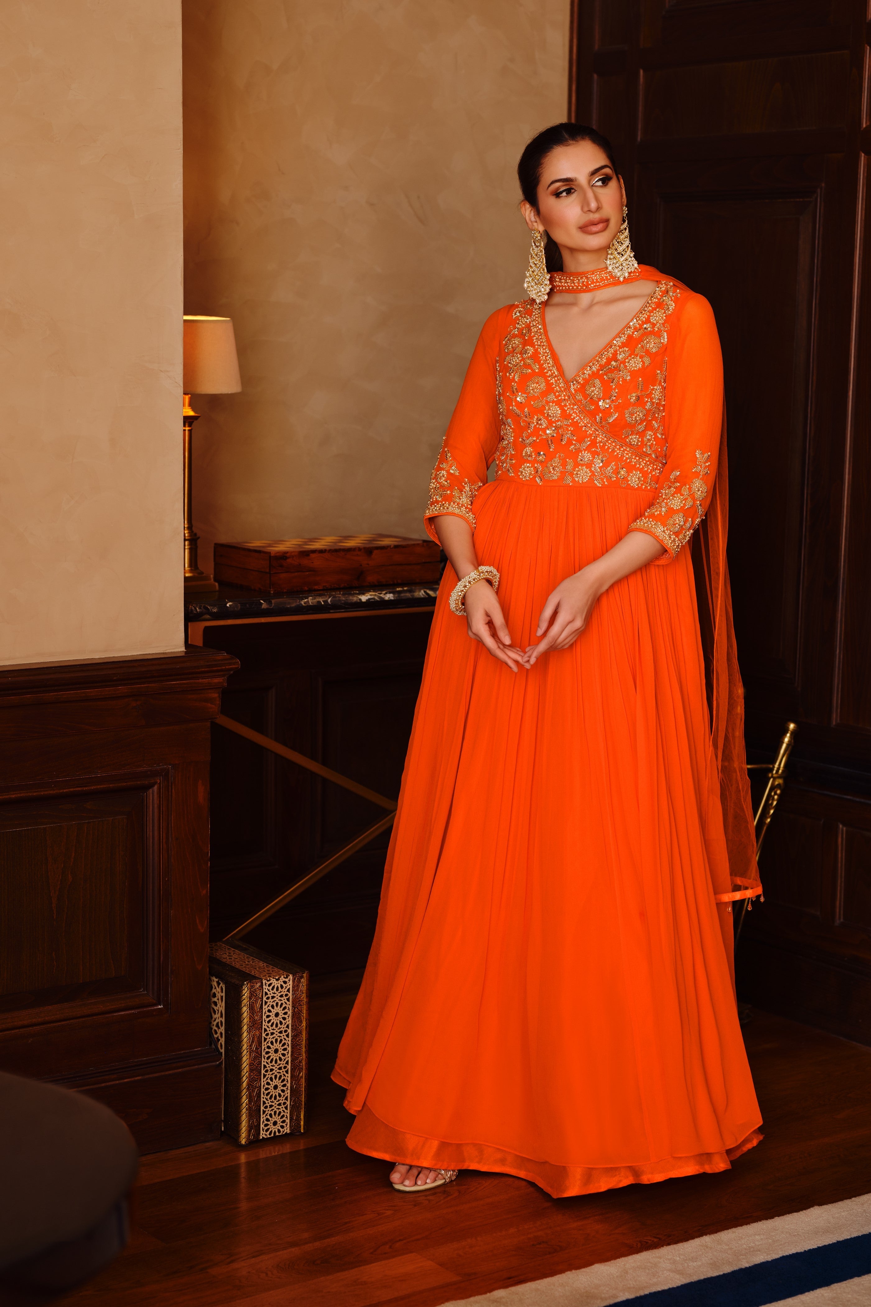 Vibrant Orange Georgette Silk Anarkali Gown