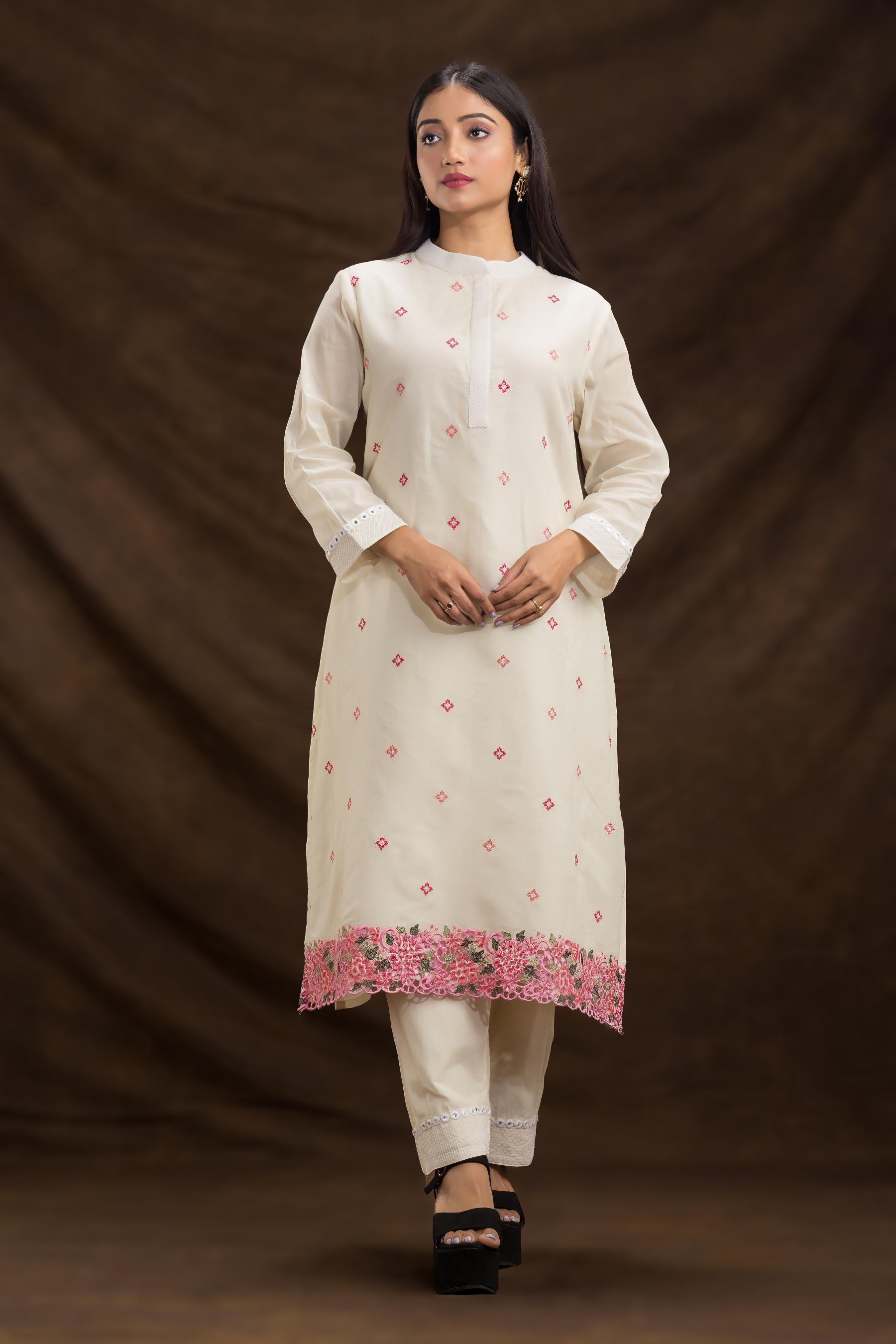 White Embroidered Mulmul Silk Kurta & Pants Set