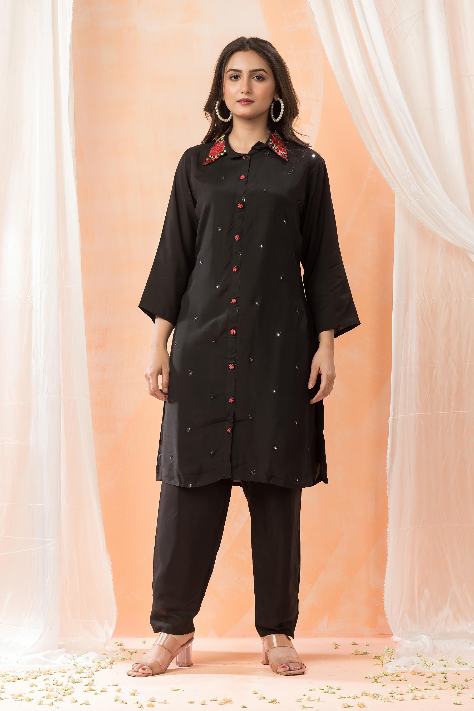 Black Embroidered Mulmul Silk Kurta & Pants Set