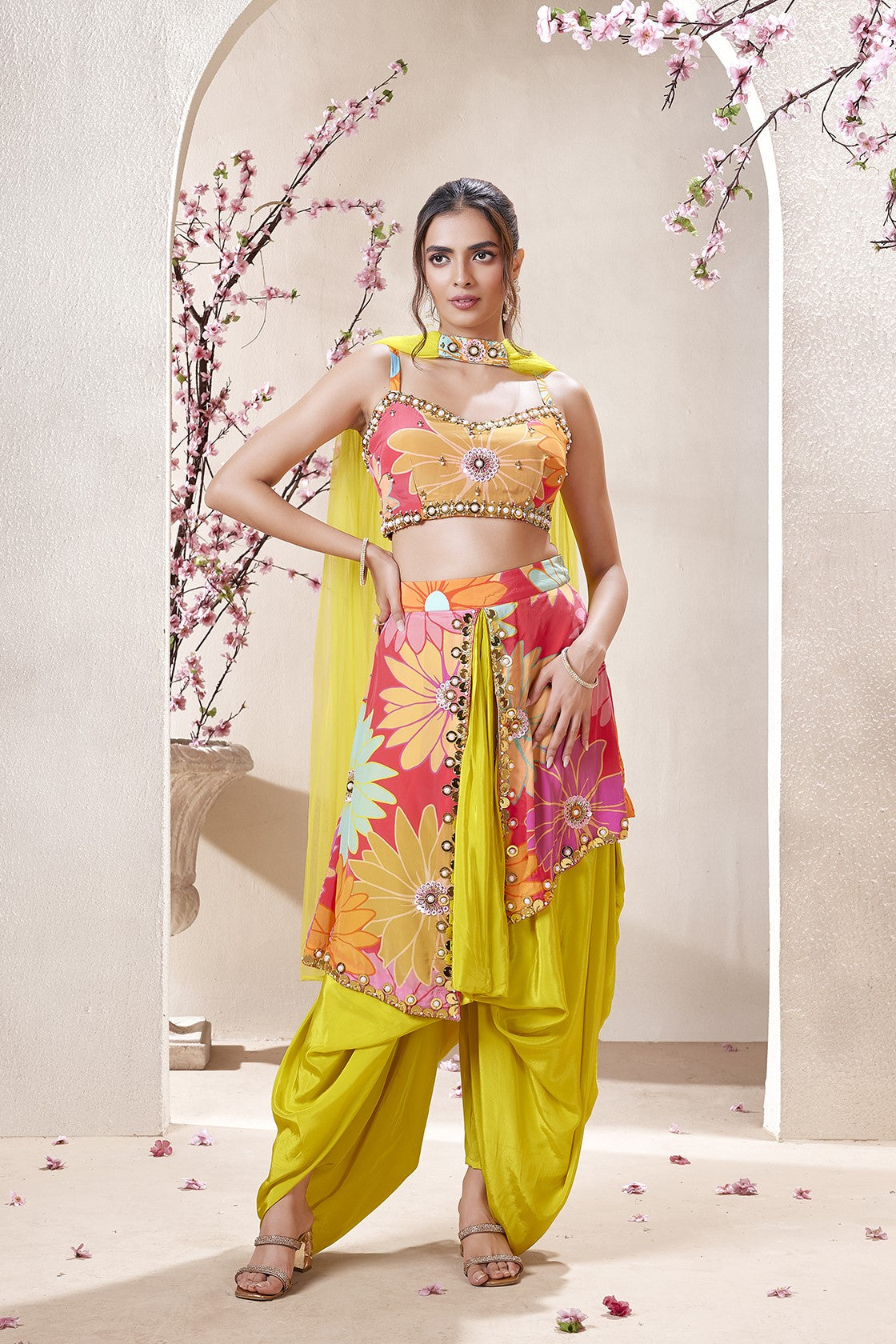 Yellow Floral Printed Crepe Silk Draped Salwar Set