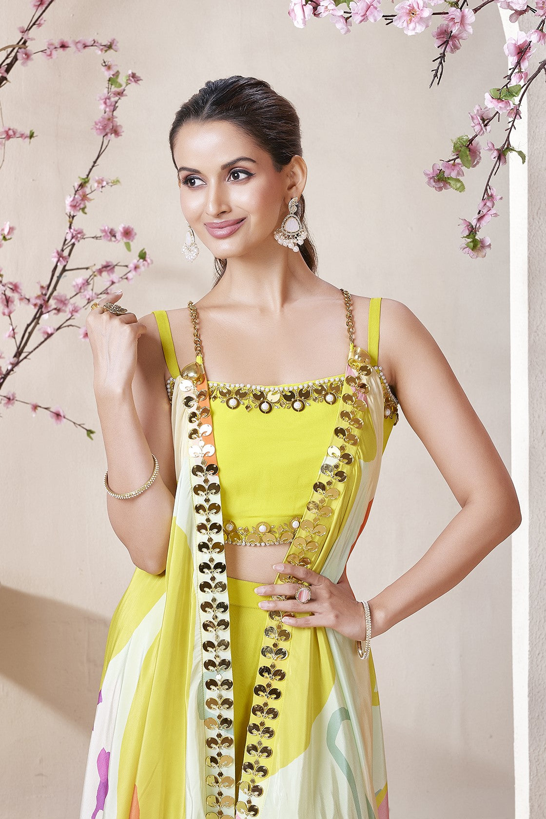 Yellow Printed Crepe Silk Cape Set