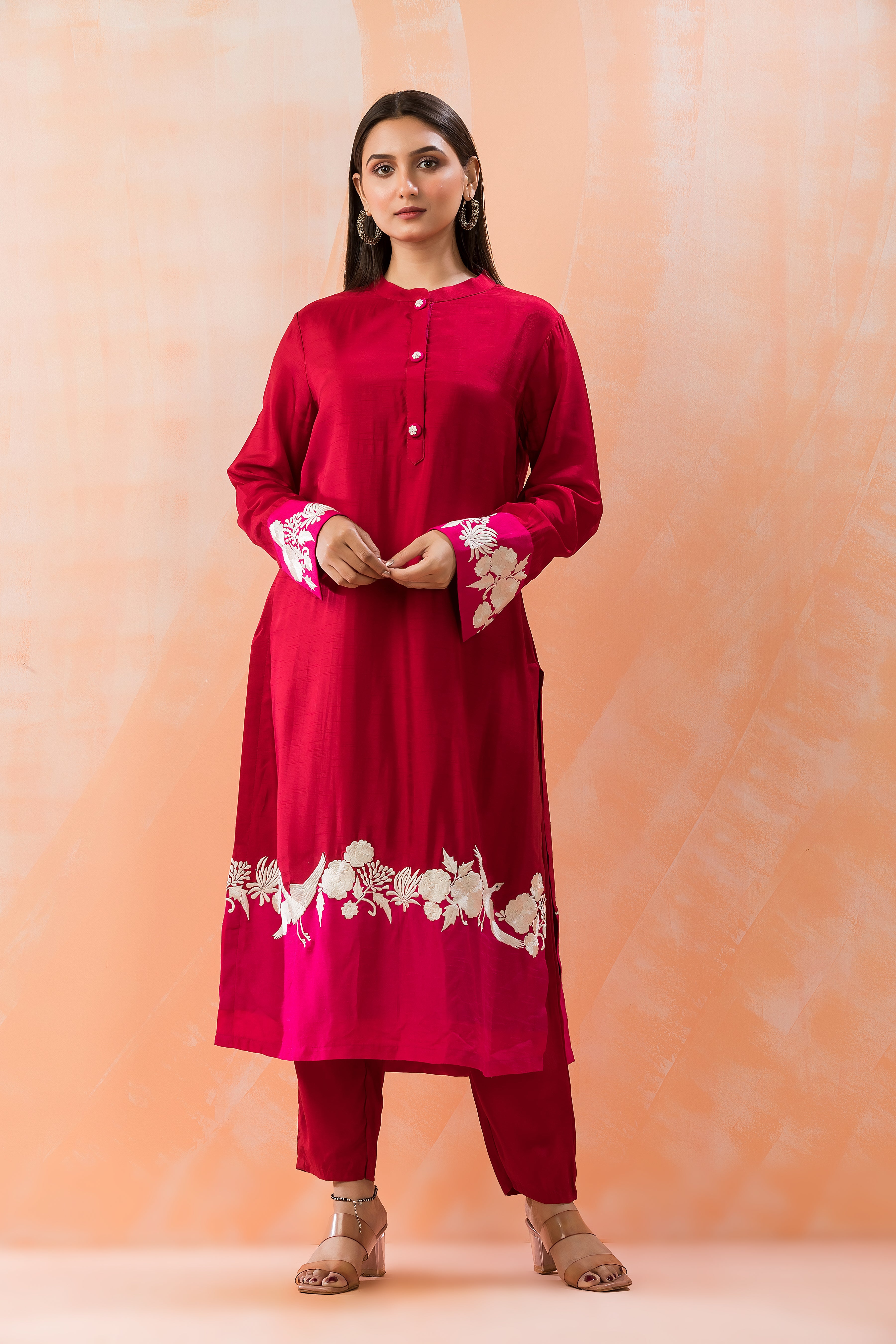 Red Embroidered Dola Silk Kurta Set