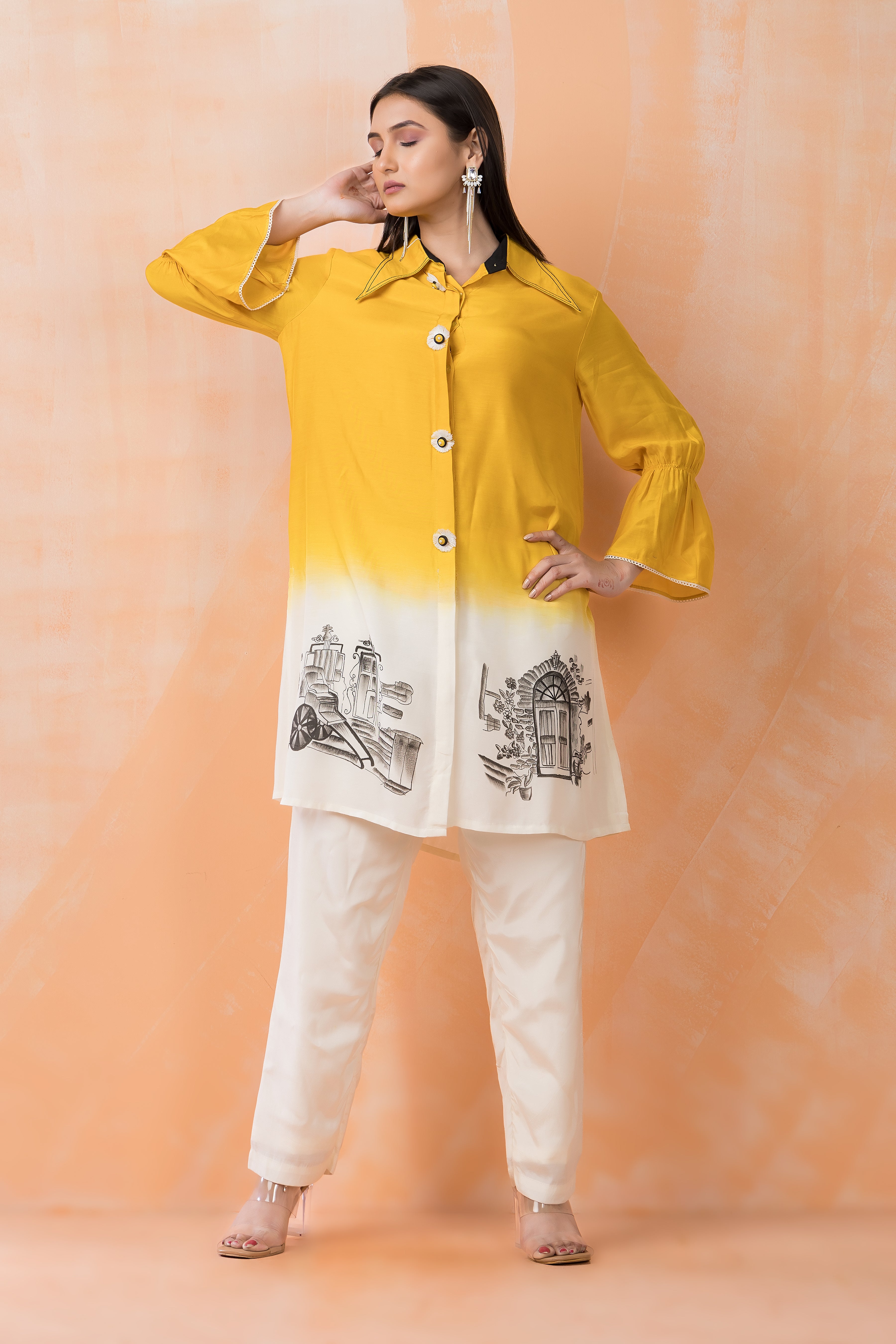 Mustard Yellow Ombre Muslin Silk Co-Ord Set