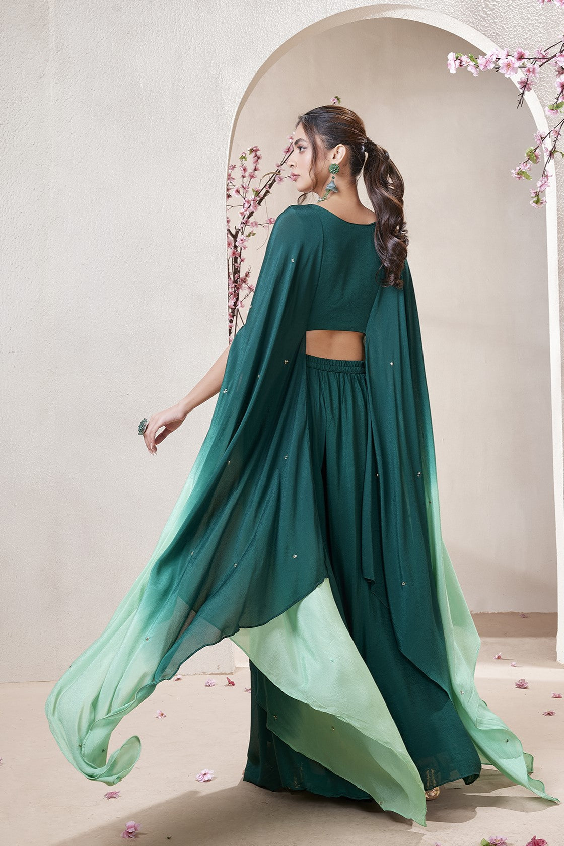 Bottle Green Embroidered Premium Silk Cape Set