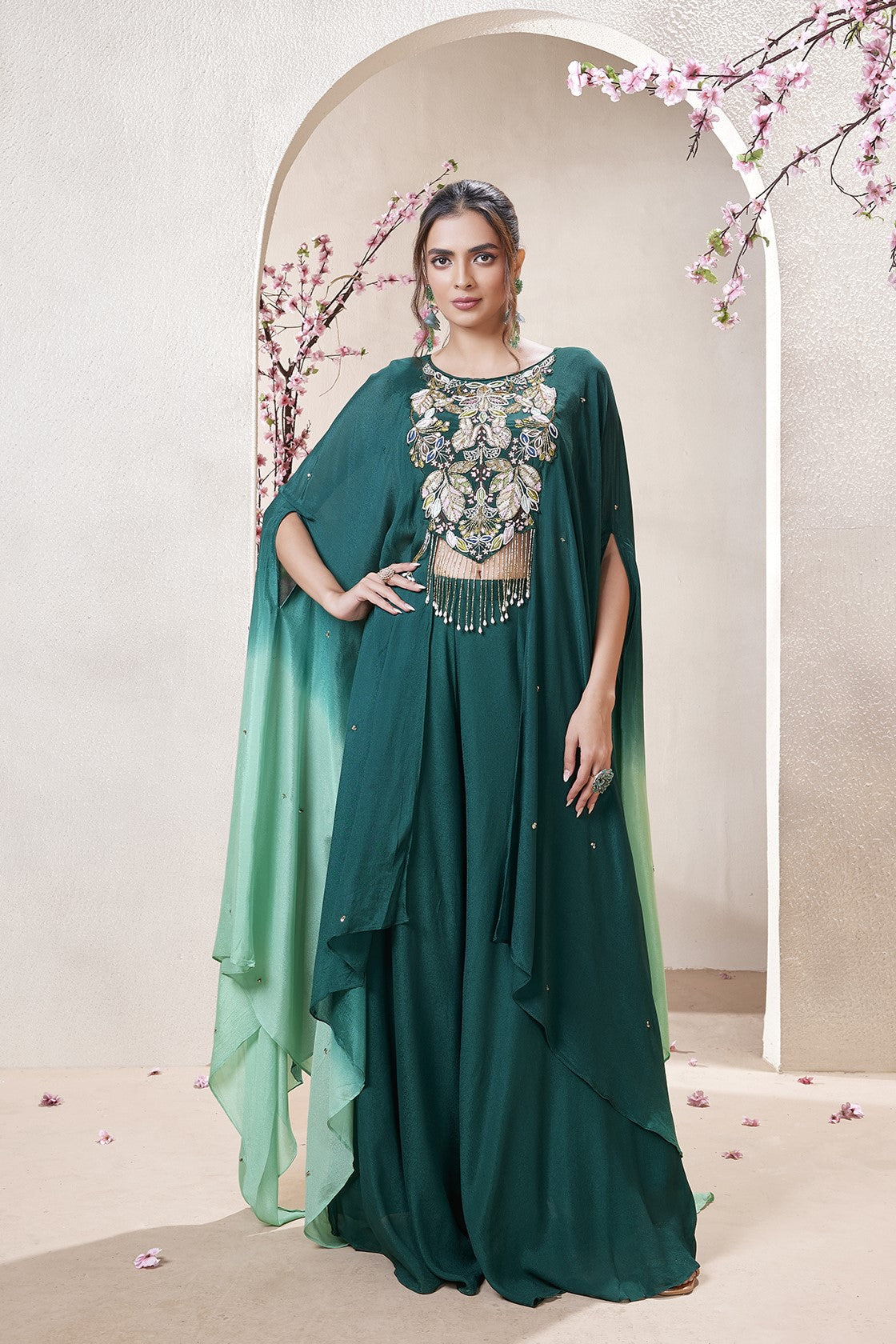 Bottle Green Embroidered Premium Silk Cape Set