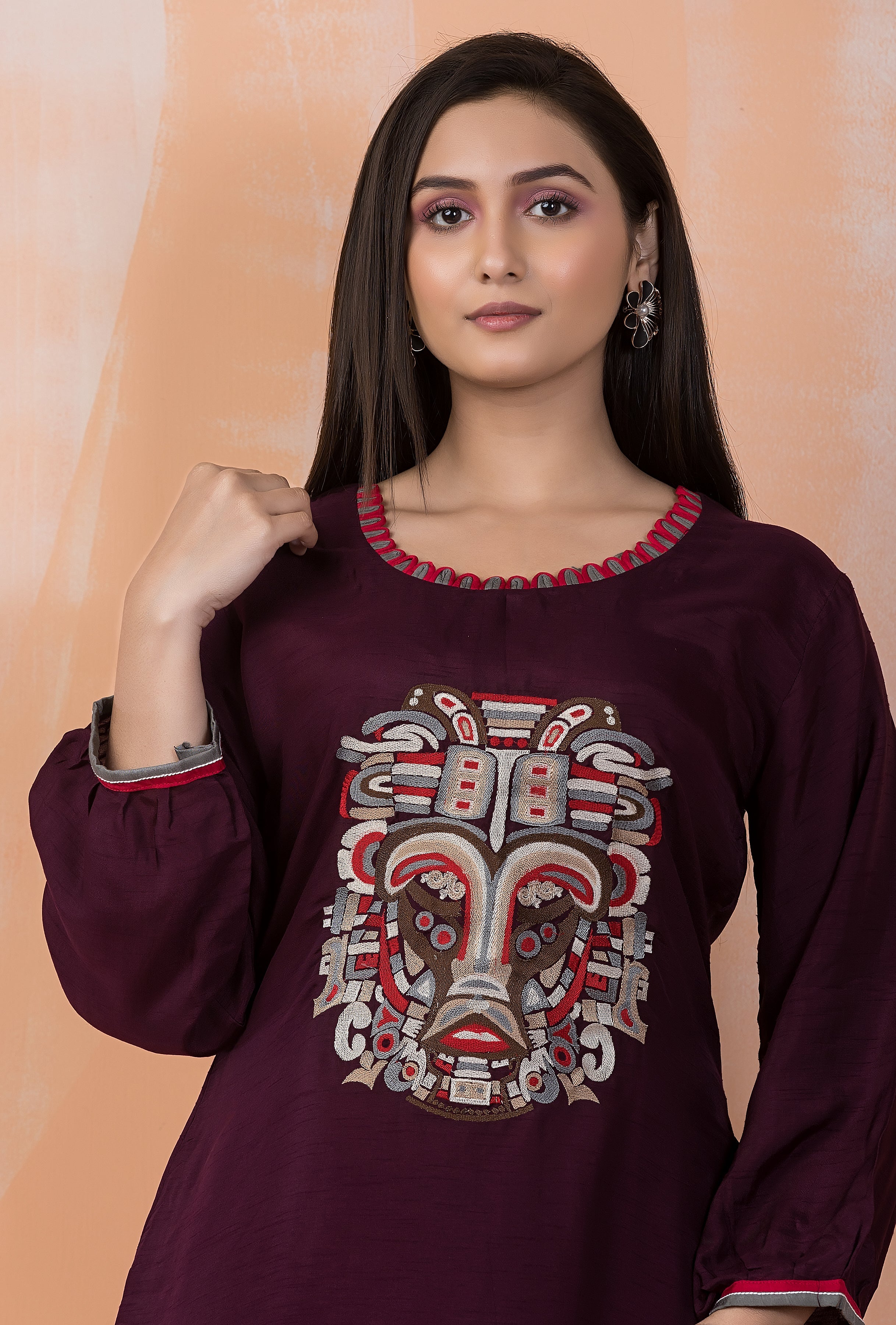Deep Plum Embroidered Dola Silk Co-Ord Set