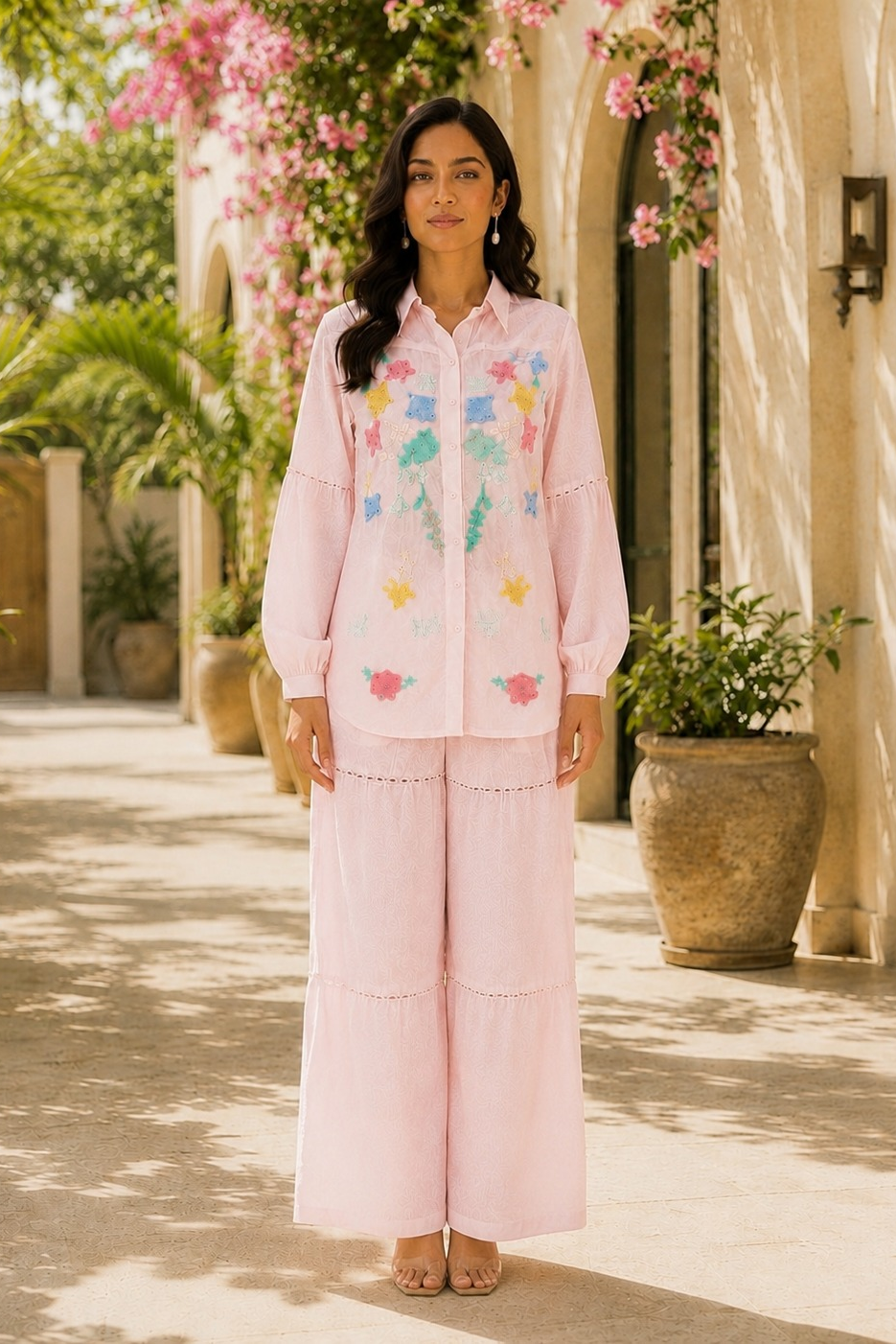 Powder Pink Bloom Embroidered Linen Co-Ord Set