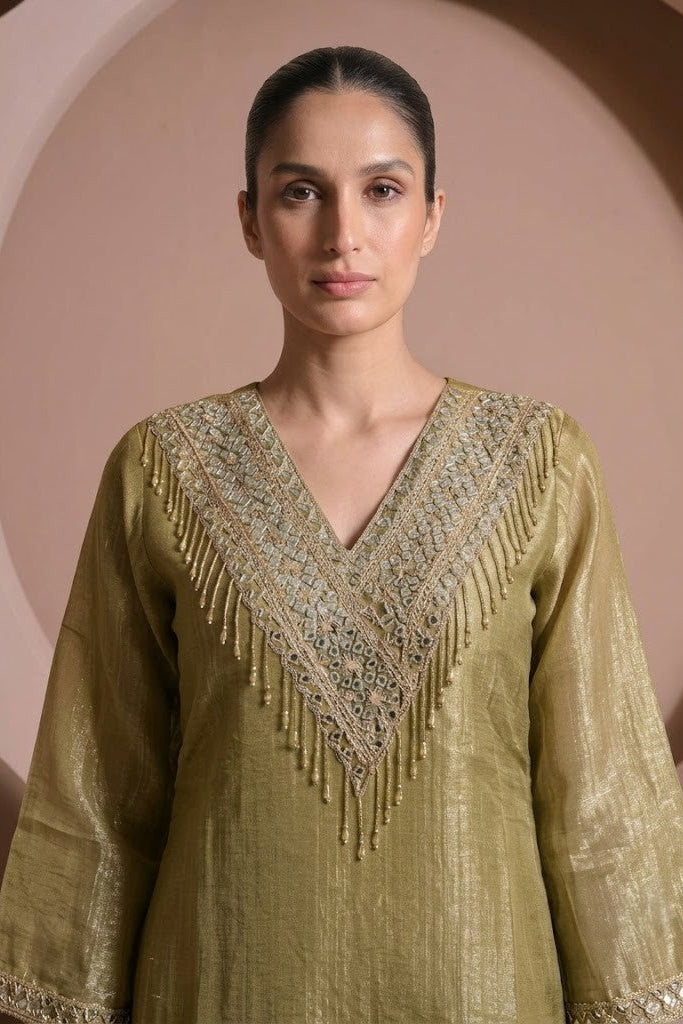Rich Gold Embellished Shimmer Crushed Silk Palazzo Set