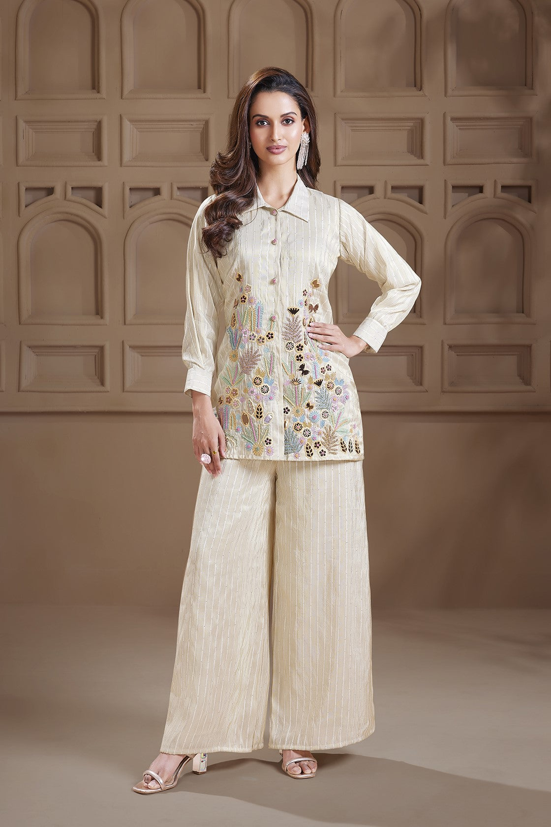 Cream Embroidered Premium Silk Co-Ord Set