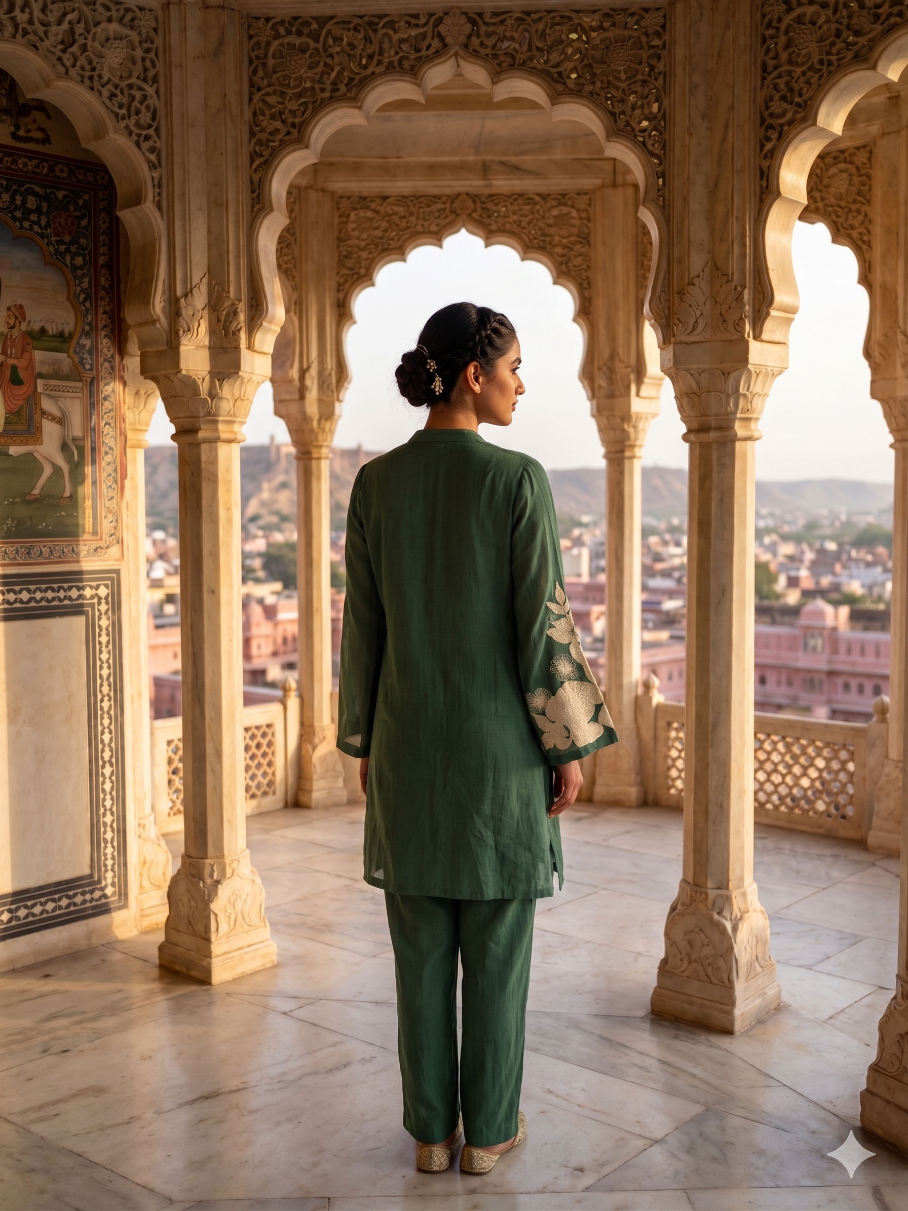 Emerald Floral Embroidered Mul-Cotton Kurta Set