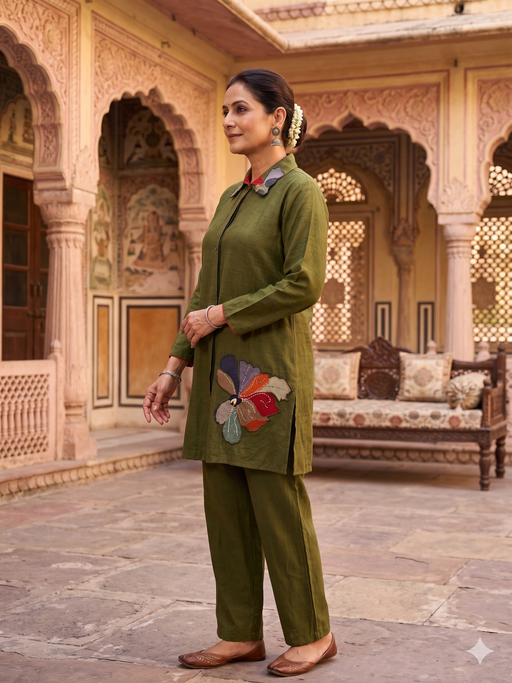 Olive Medallion Embroidered Dola Silk Kurta Set