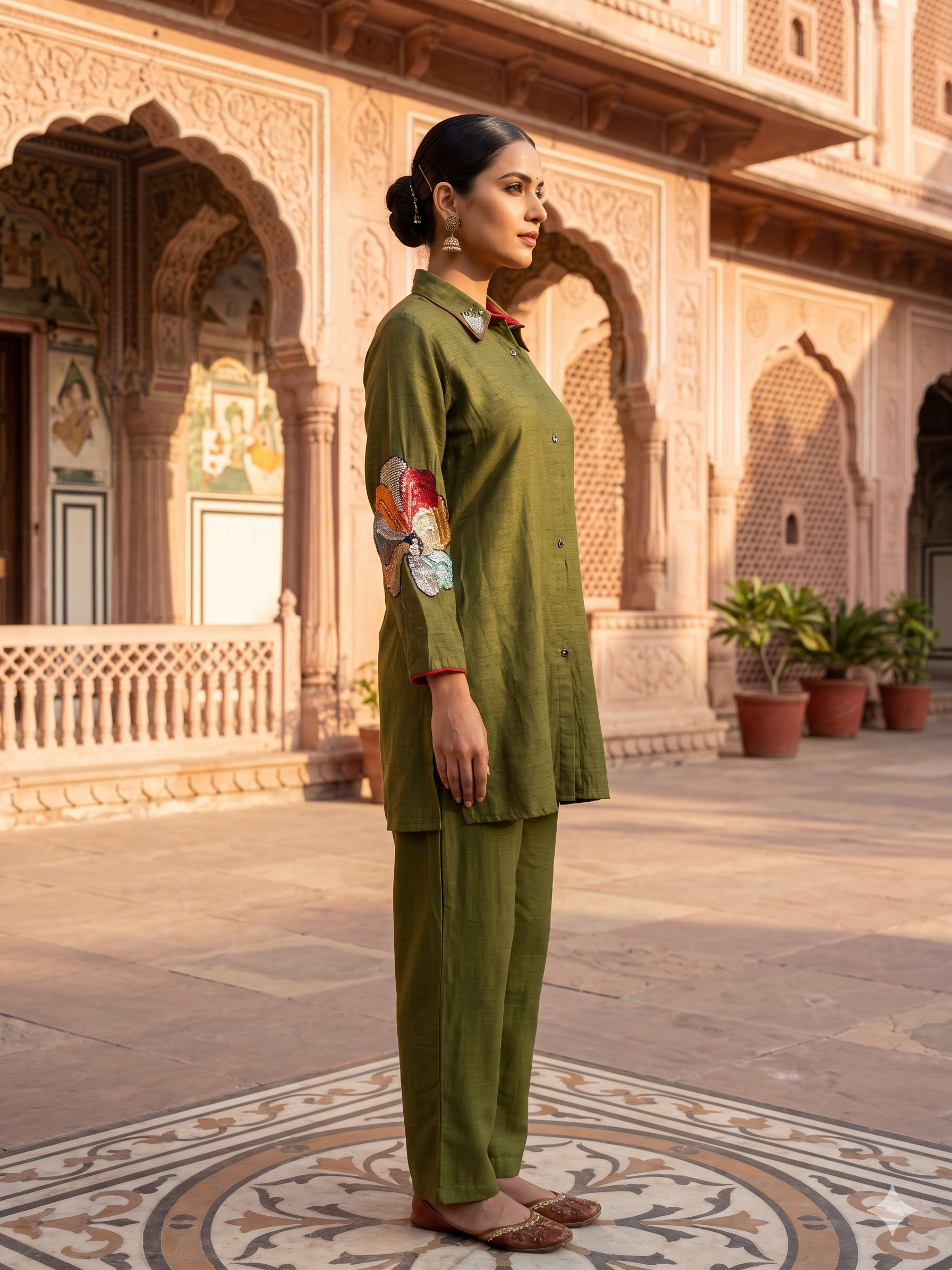Olive Medallion Embroidered Dola Silk Kurta Set
