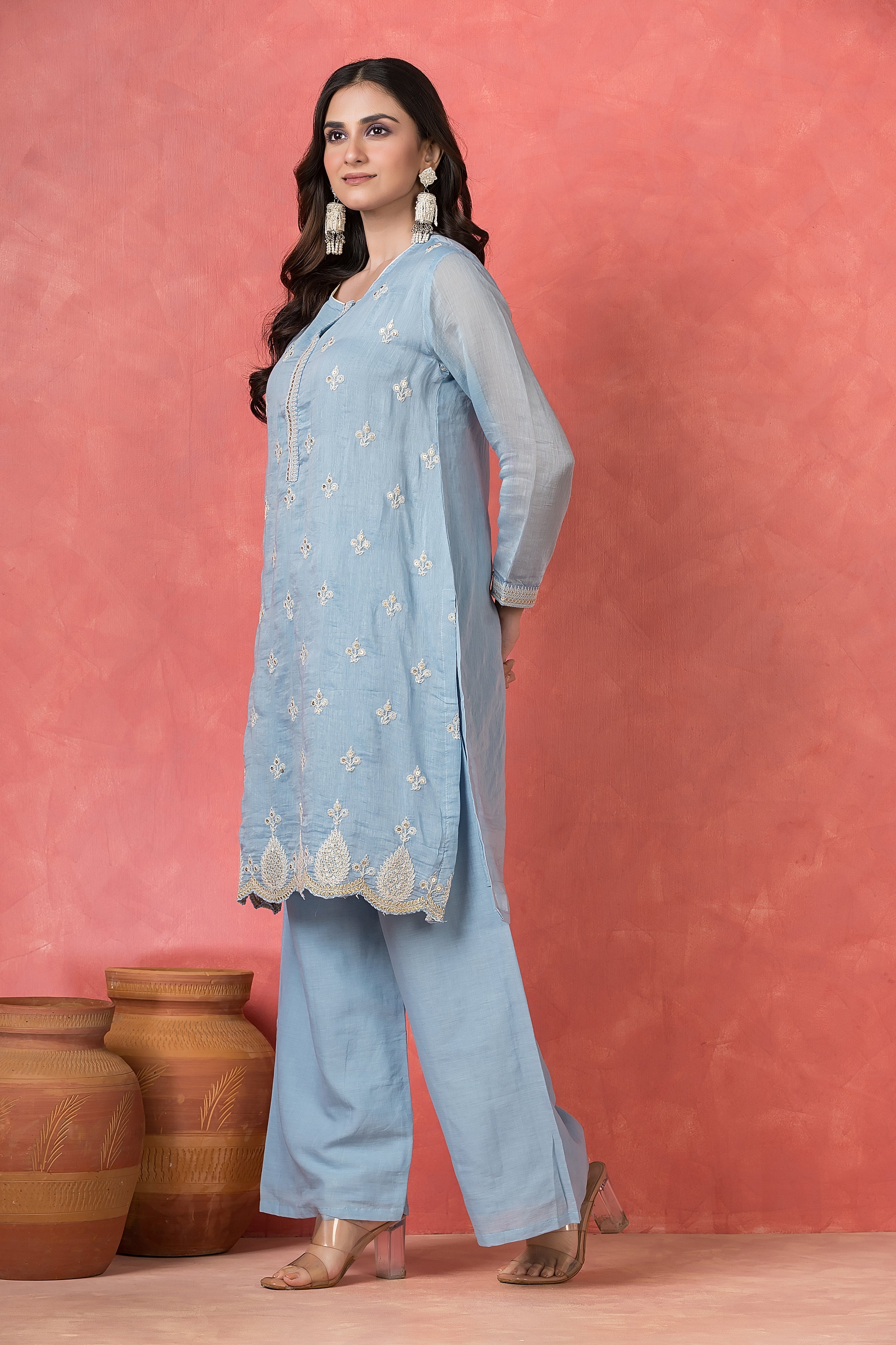 Sky Blue Embroidered Mul Chanderi Pant Set