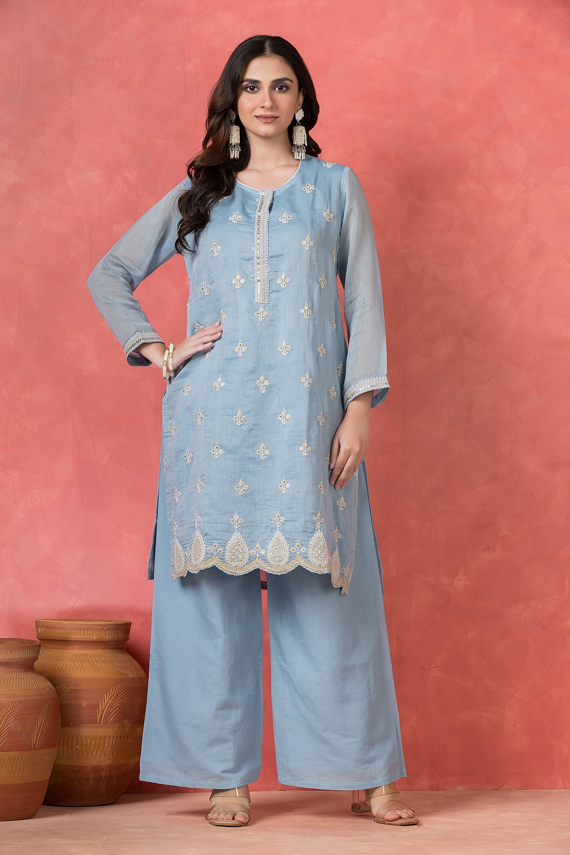 Sky Blue Embroidered Mul Chanderi Pant Set