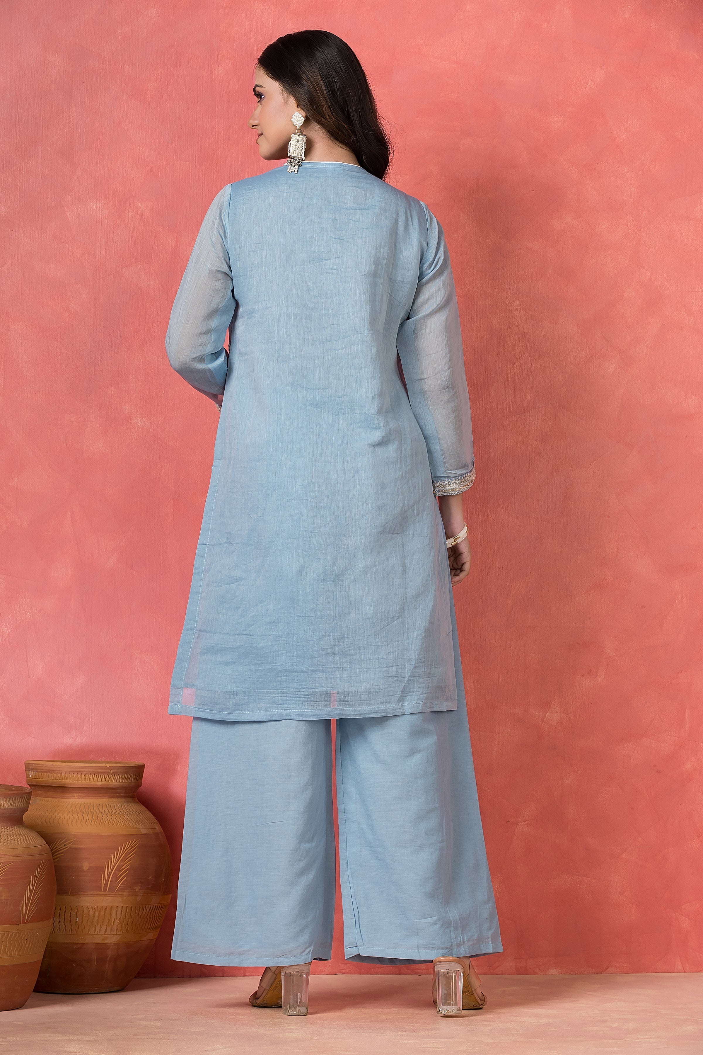 Sky Blue Embroidered Mul Chanderi Pant Set